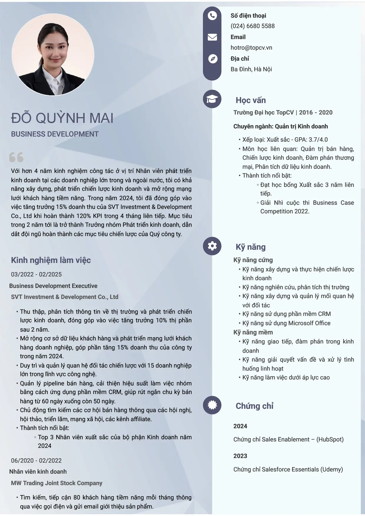 Mẫu CV xin việc Business Development Executive (Nhân viên phát triển kinh doanh)