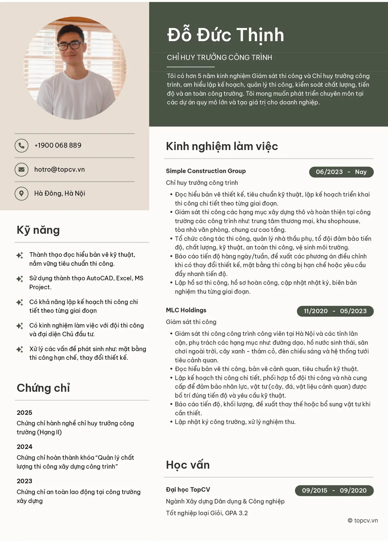 Mẫu CV xin việc Chỉ huy trưởng công trình
