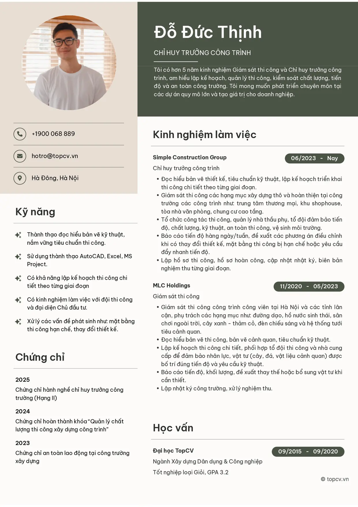 Mẫu CV xin việc Chỉ huy trưởng công trình