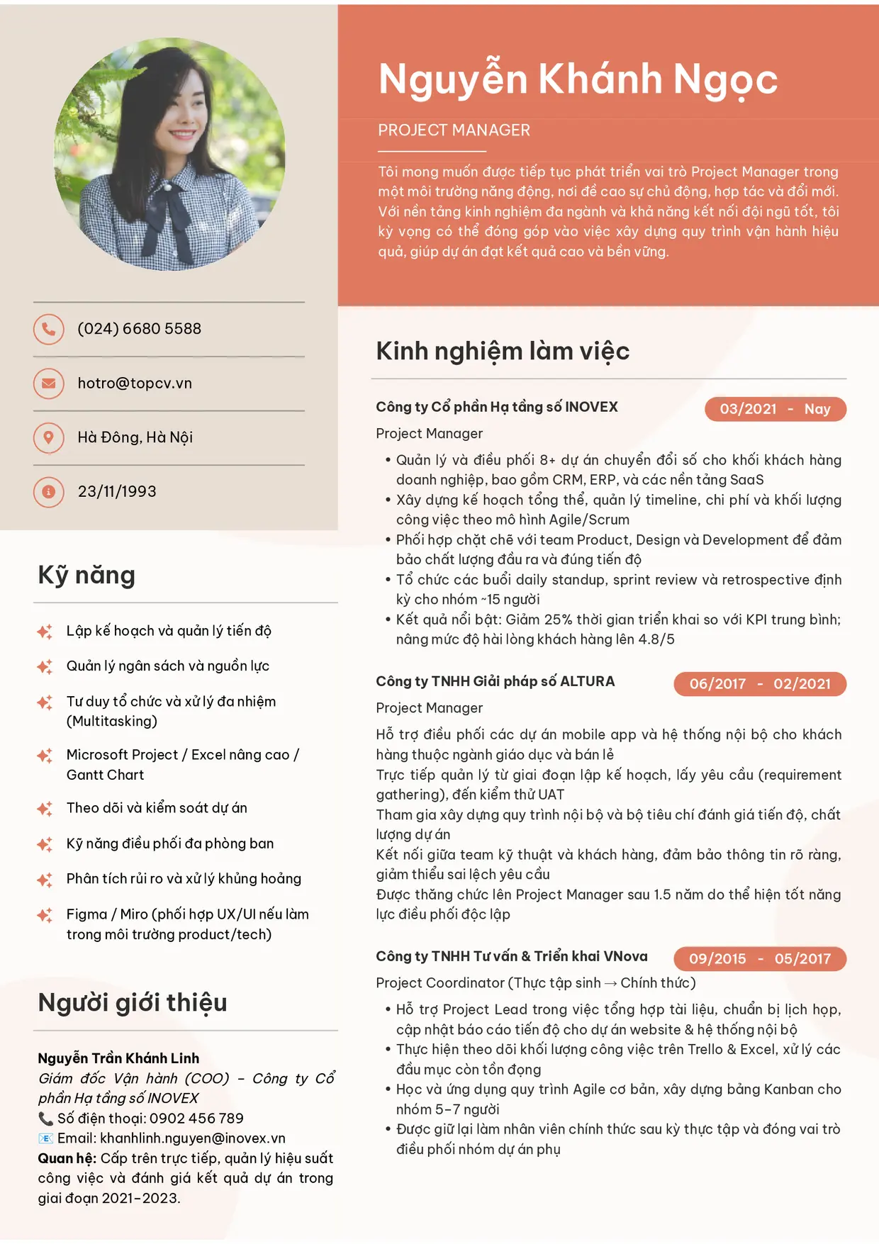 Mẫu CV xin việc Project Manager