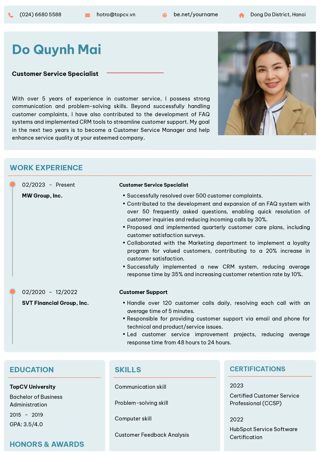 Mẫu CV xin việc Chăm sóc khách hàng style Trang trọng