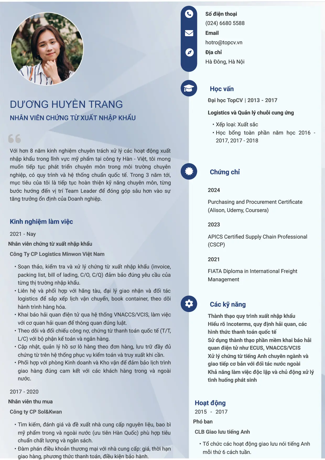 Mẫu CV Nhân viên chứng từ xuất nhập khẩu style Basic 4