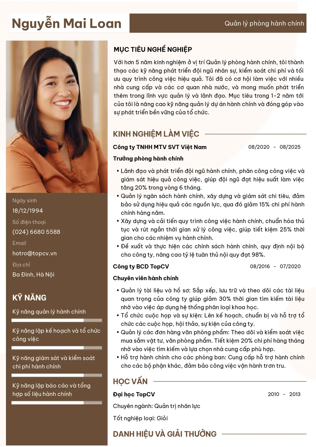 Mẫu CV xin việc Quản lý phòng hành chính