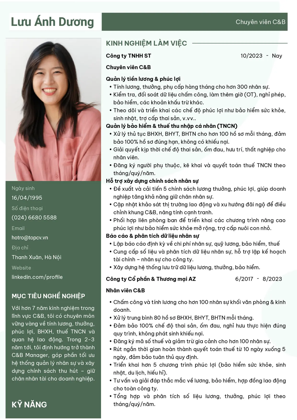 Mẫu CV xin việc C&B