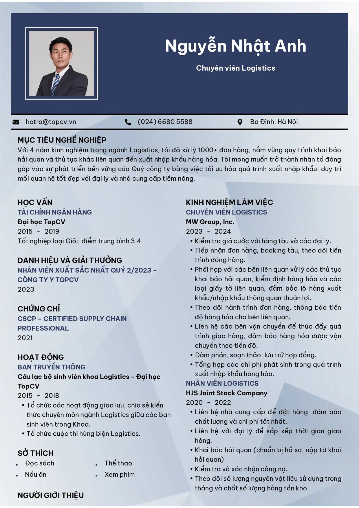 Mẫu CV Chuyên viên Logistics style Hiện Đại 4
