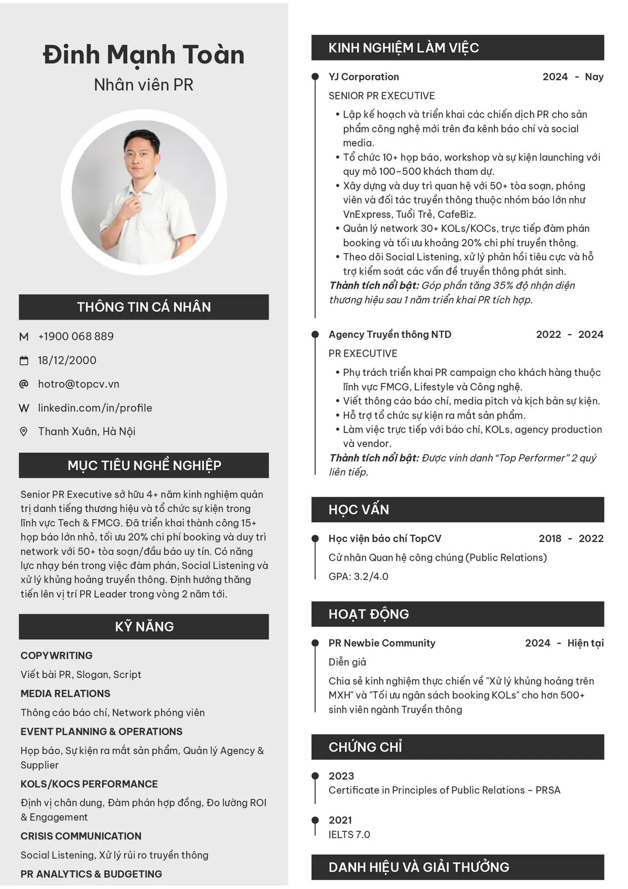Mẫu CV xin việc Nhân viên PR