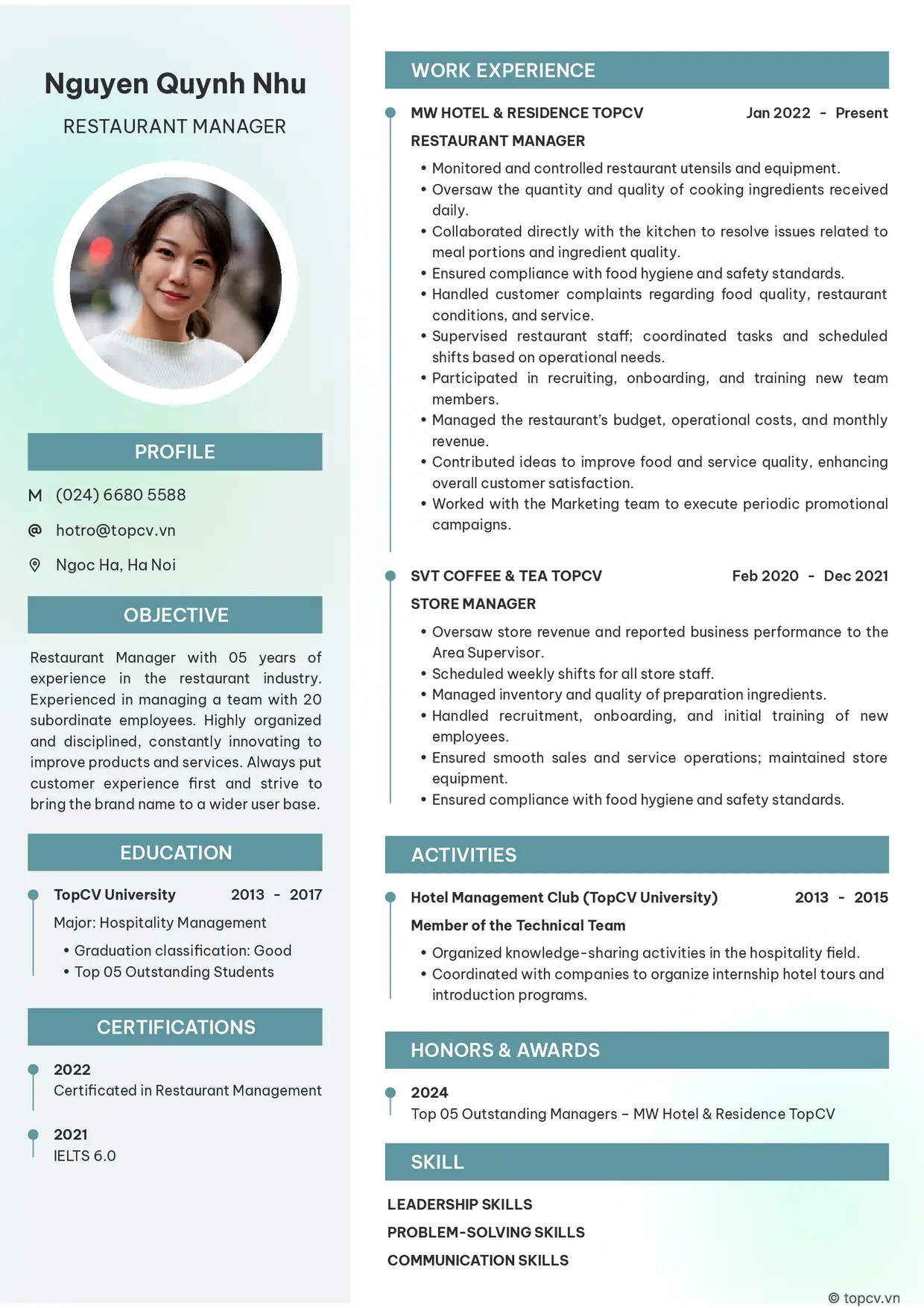 Mẫu CV xin việc Quản lý nhà hàng