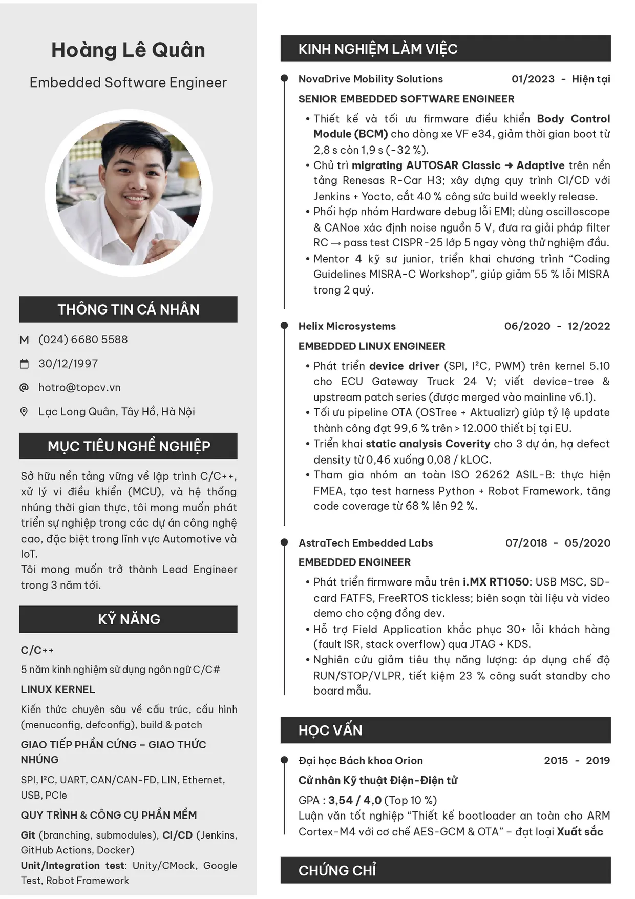 Mẫu CV xin việc Embedded Engineer
