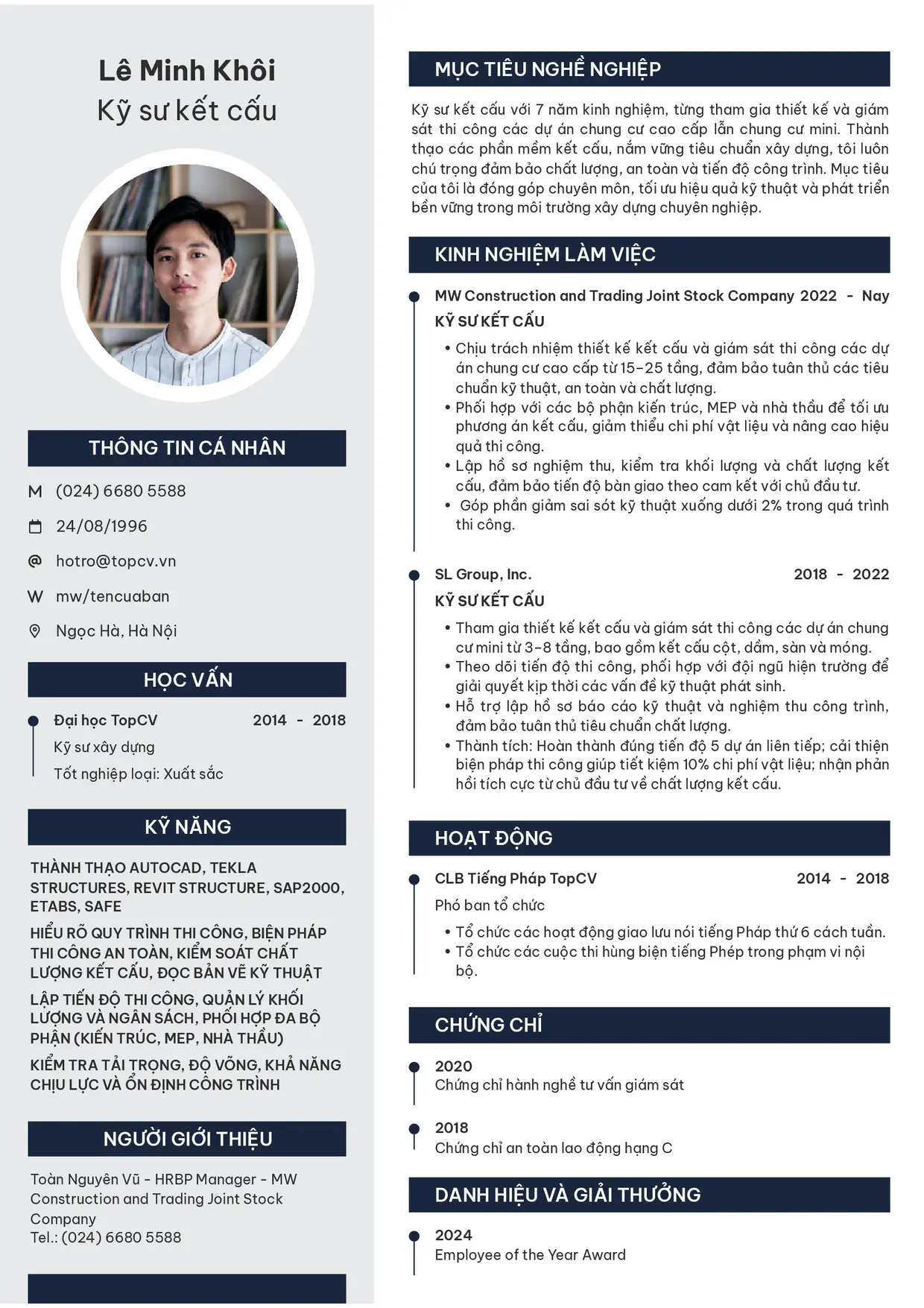 Mẫu CV xin việc Kỹ sư kết cấu