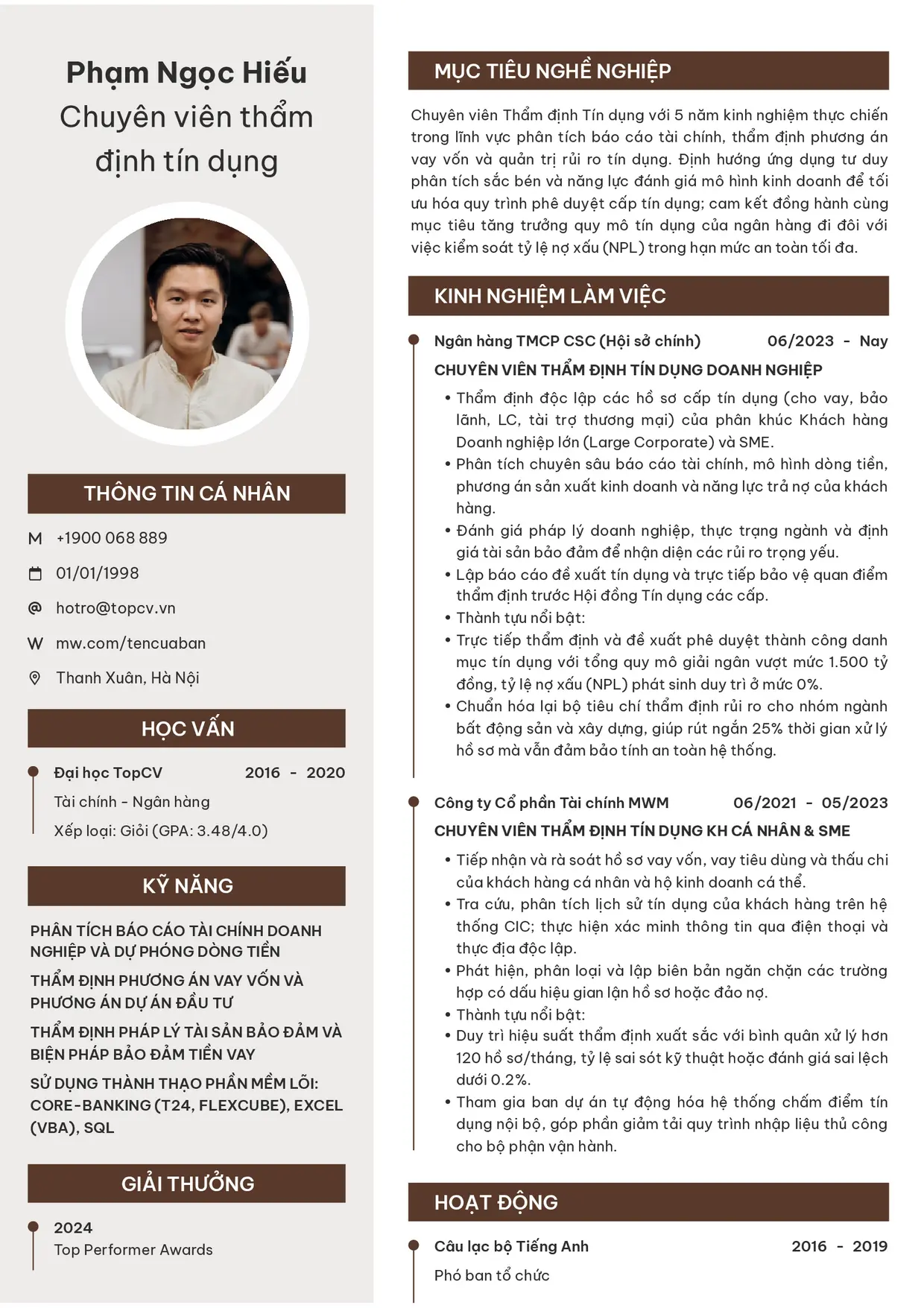 Mẫu CV xin việc Chuyên viên thẩm định tín dụng
