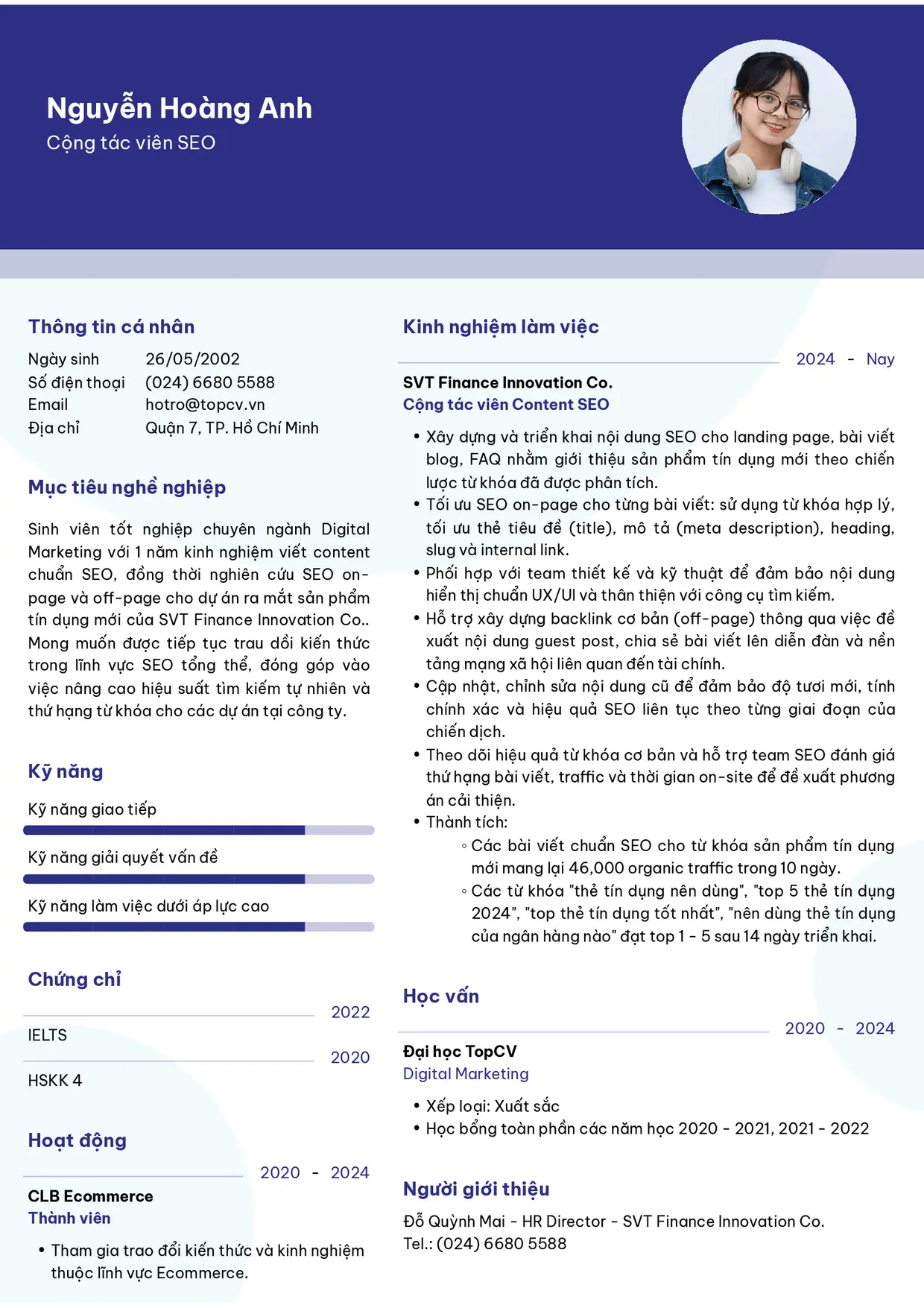 Mẫu CV xin việc Cộng tác viên SEO