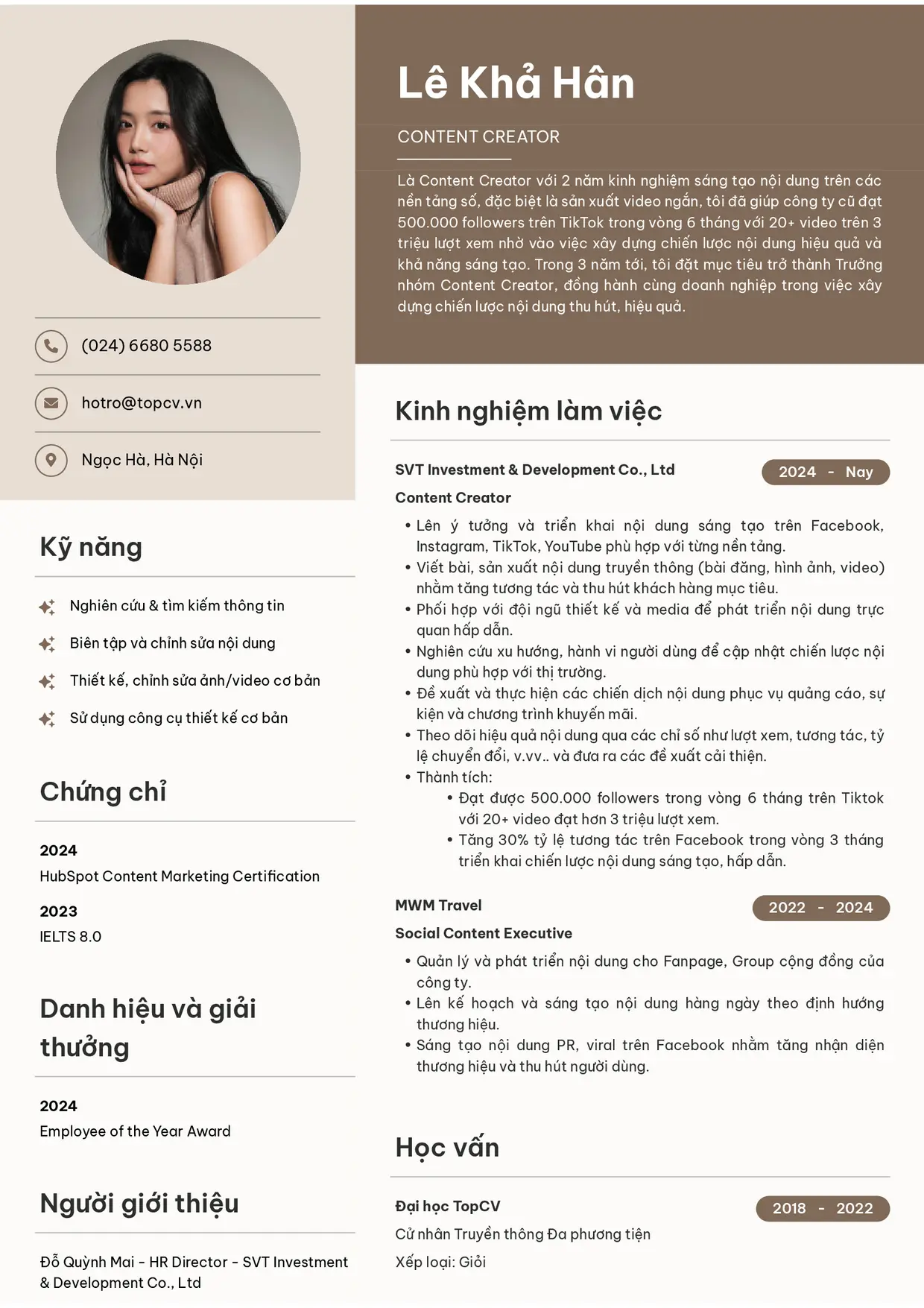 Mẫu CV xin việc Content Creator style Bright
