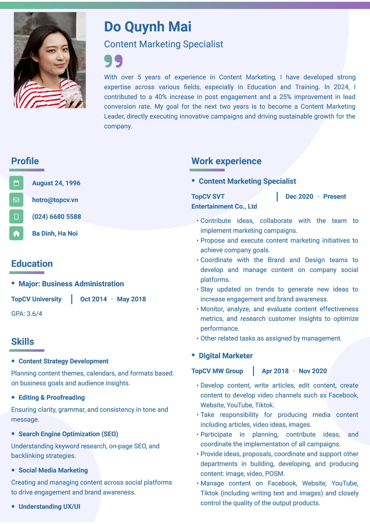Mẫu CV xin việc Content Marketing style Gradient 1