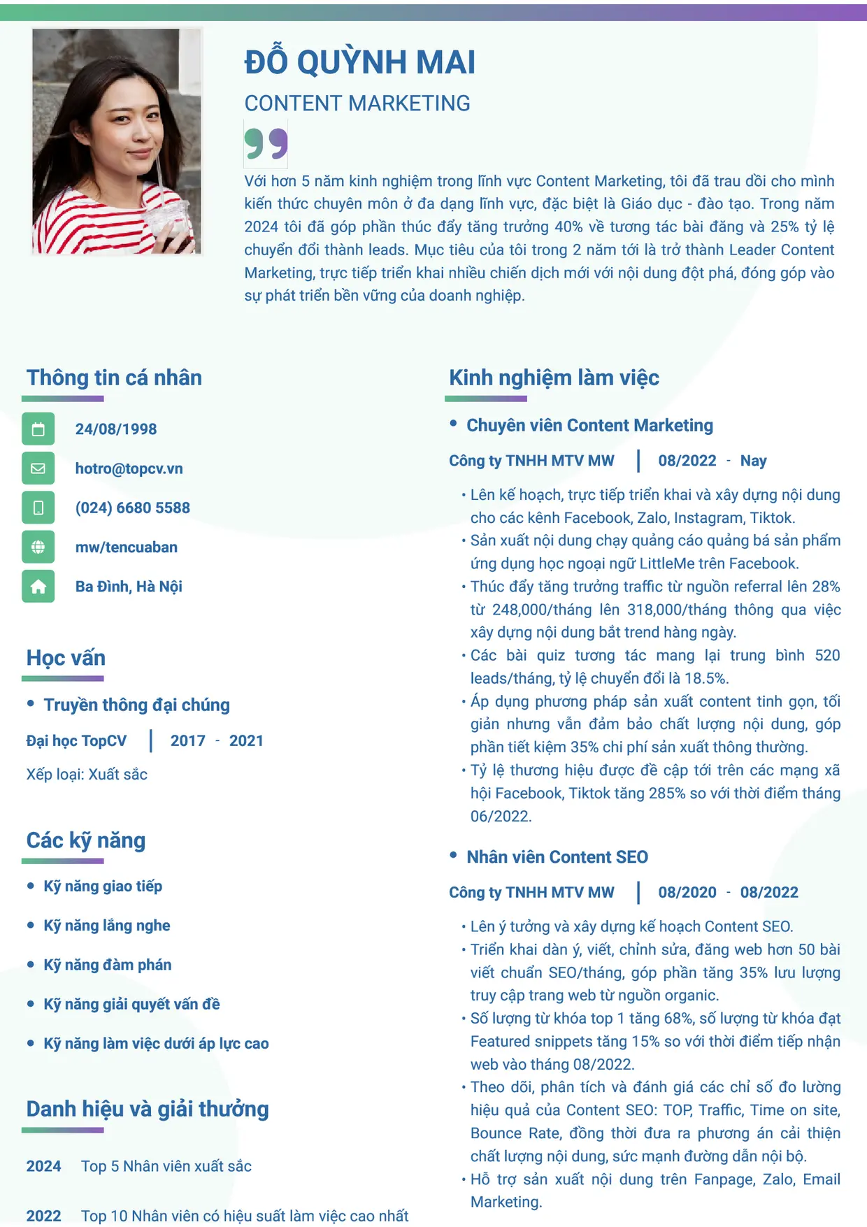 Mẫu CV xin việc Content Marketing style Gradient 1