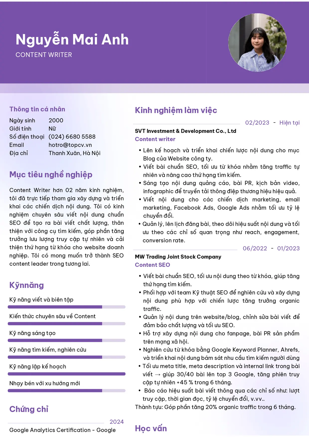 Mẫu CV xin việc Content writer