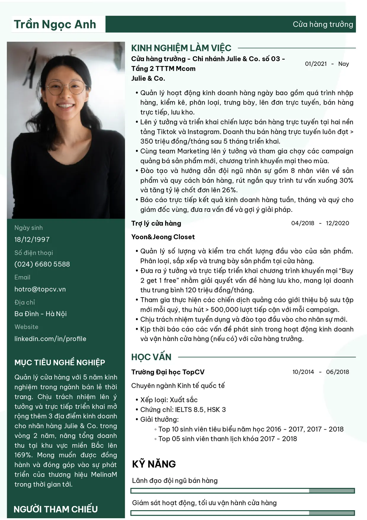 Mẫu CV xin việc Cửa hàng trưởng/Quản lý cửa hàng