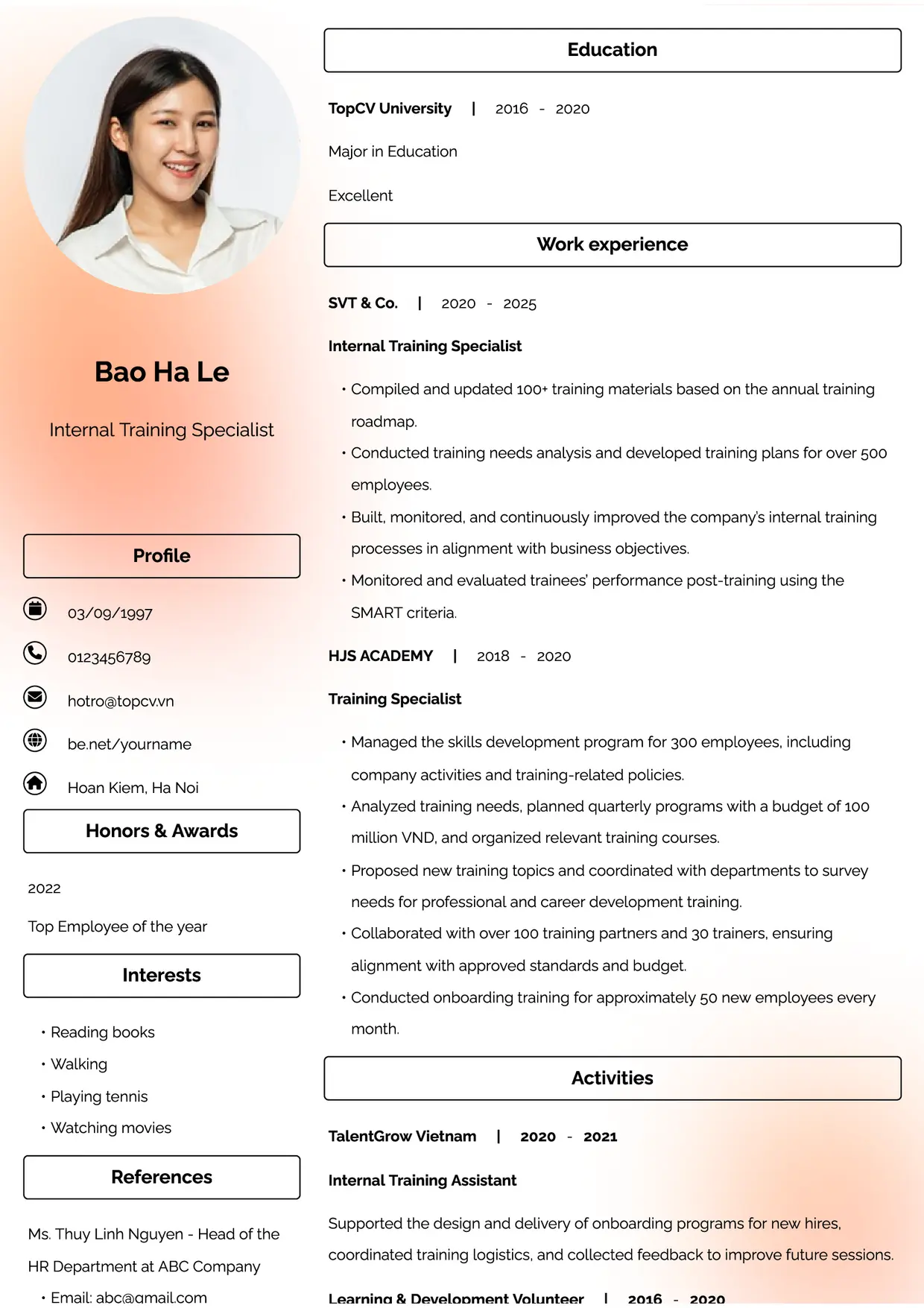 Mẫu CV xin việc tiếng Anh - Đam mê