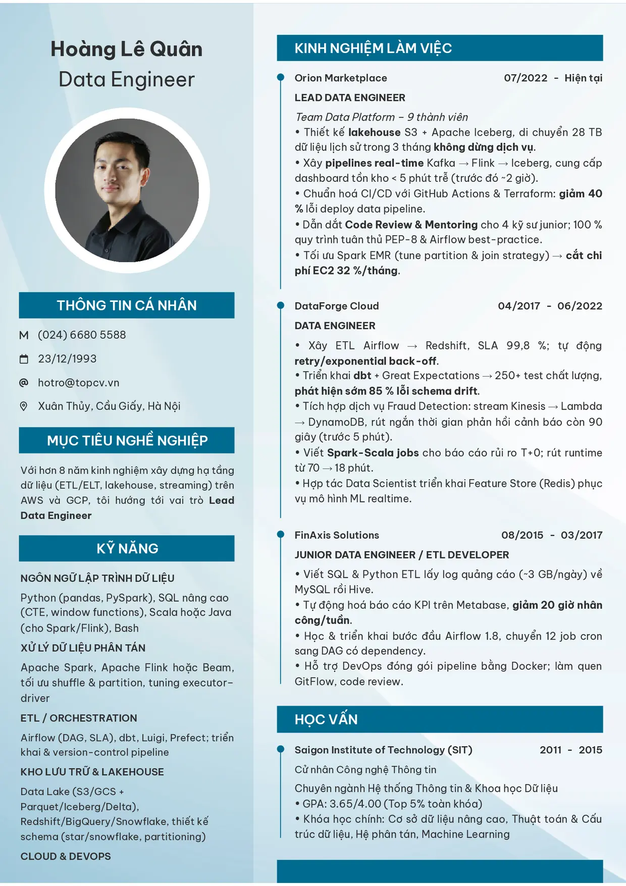 Mẫu CV Data Engineer style Clarity