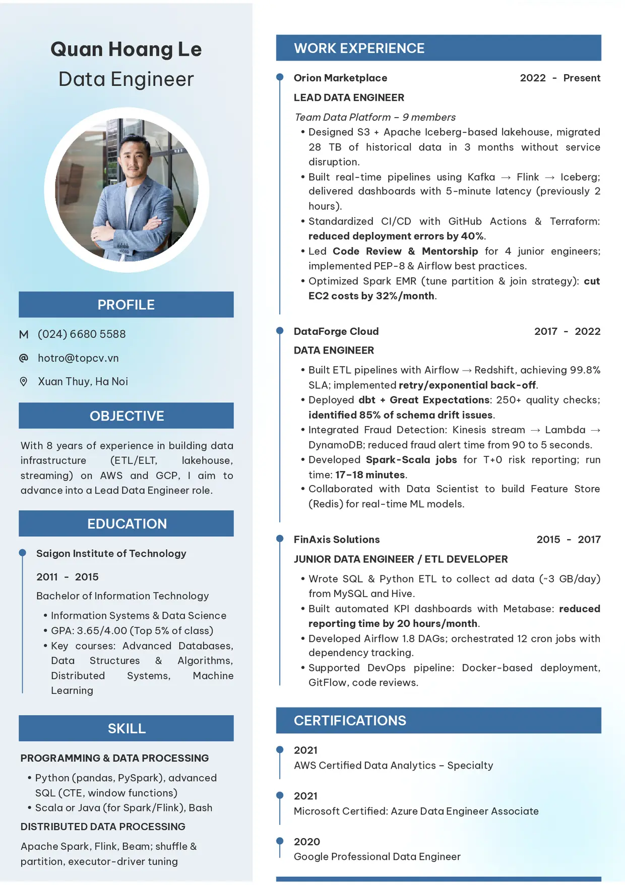 Mẫu CV xin việc Data Engineer style Clarity