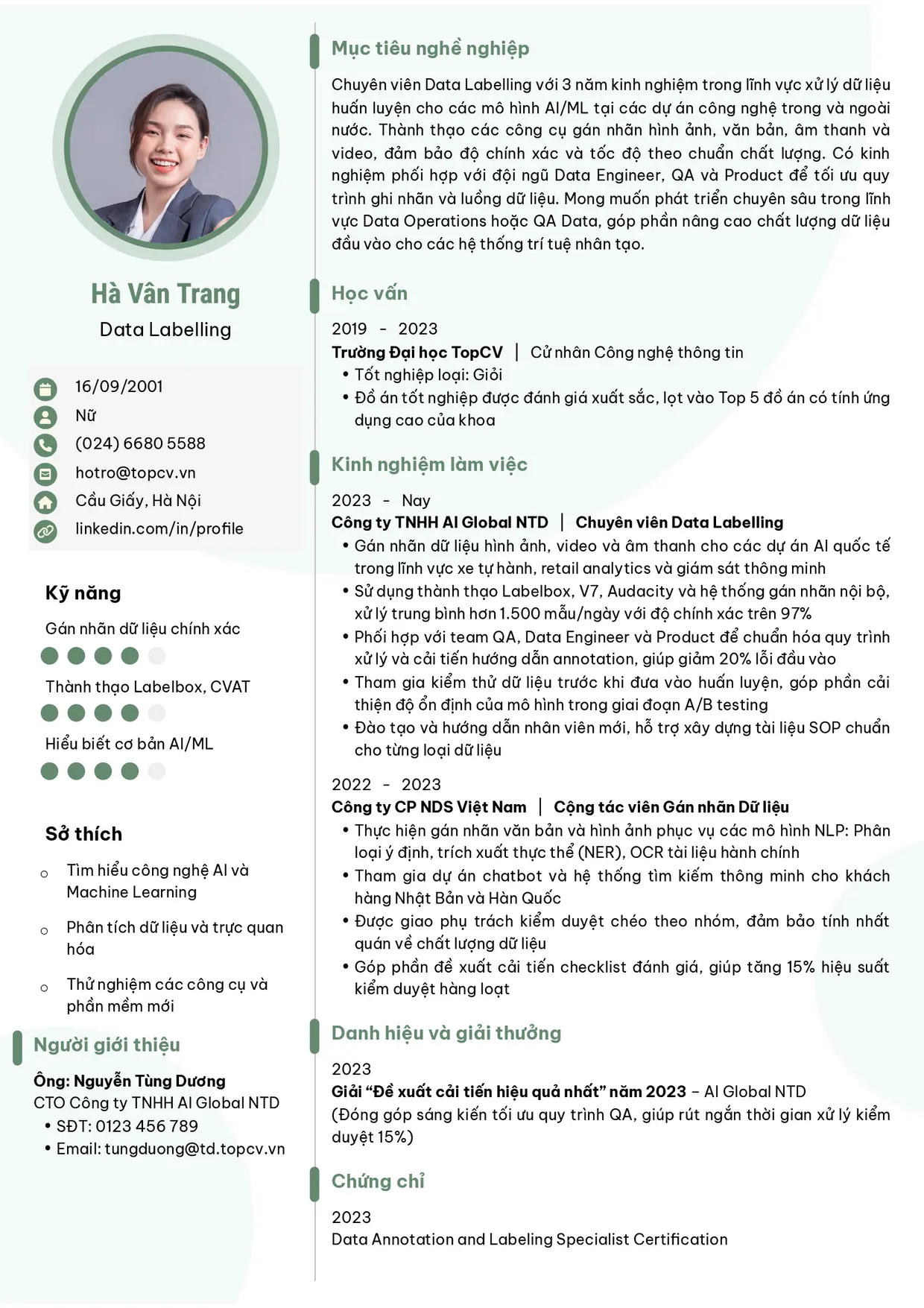 Mẫu CV xin việc Data Labelling