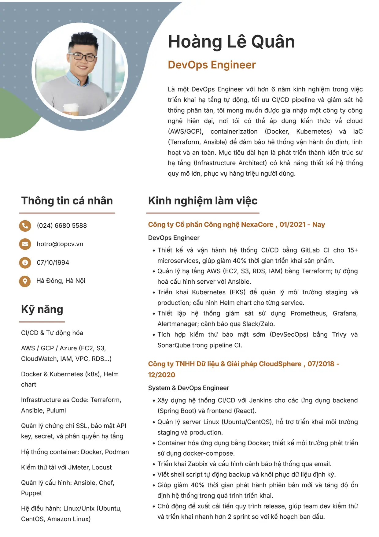Mẫu CV DevOps Engineer style Sáng tạo