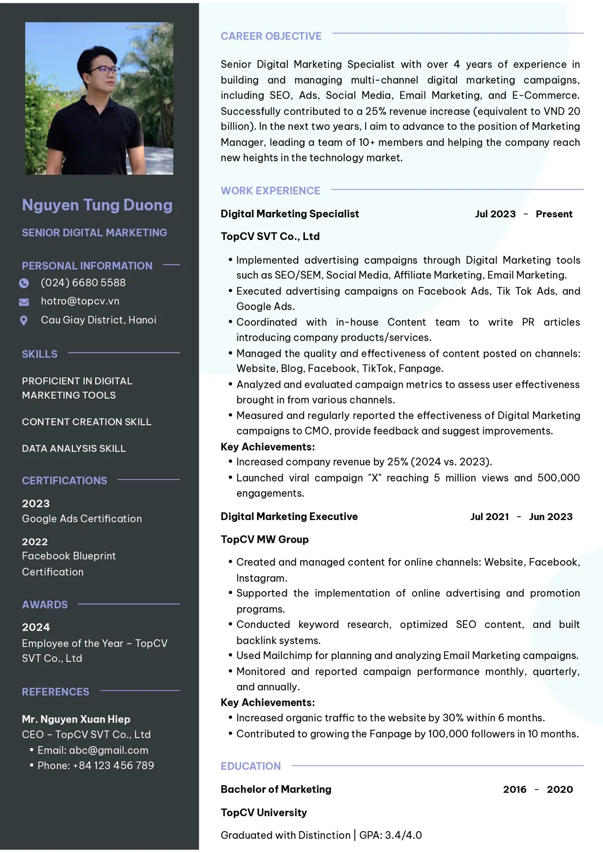 Mẫu CV xin việc Digital Marketing style Tham vọng
