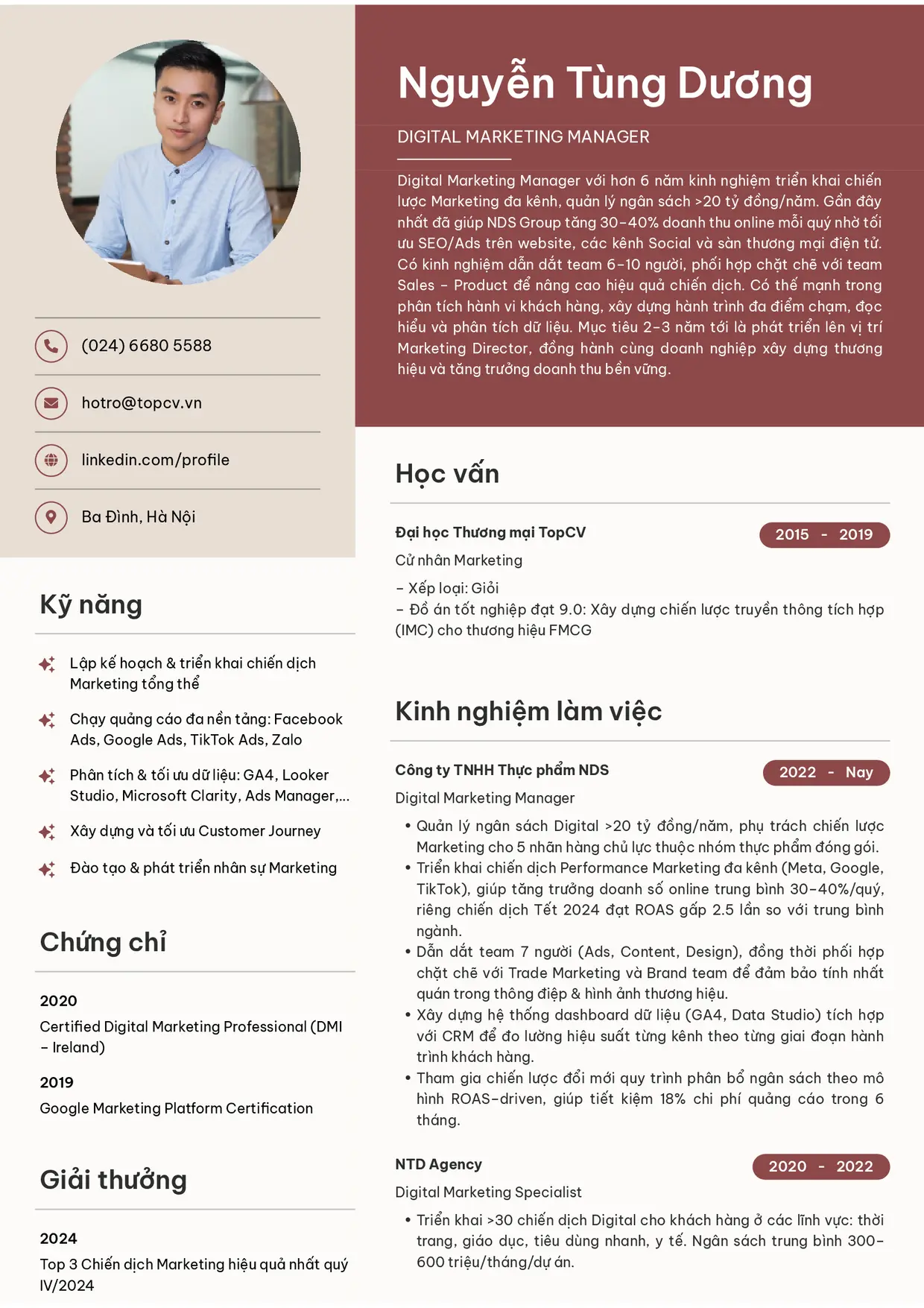 Mẫu CV Digital Marketing Manager style Bright