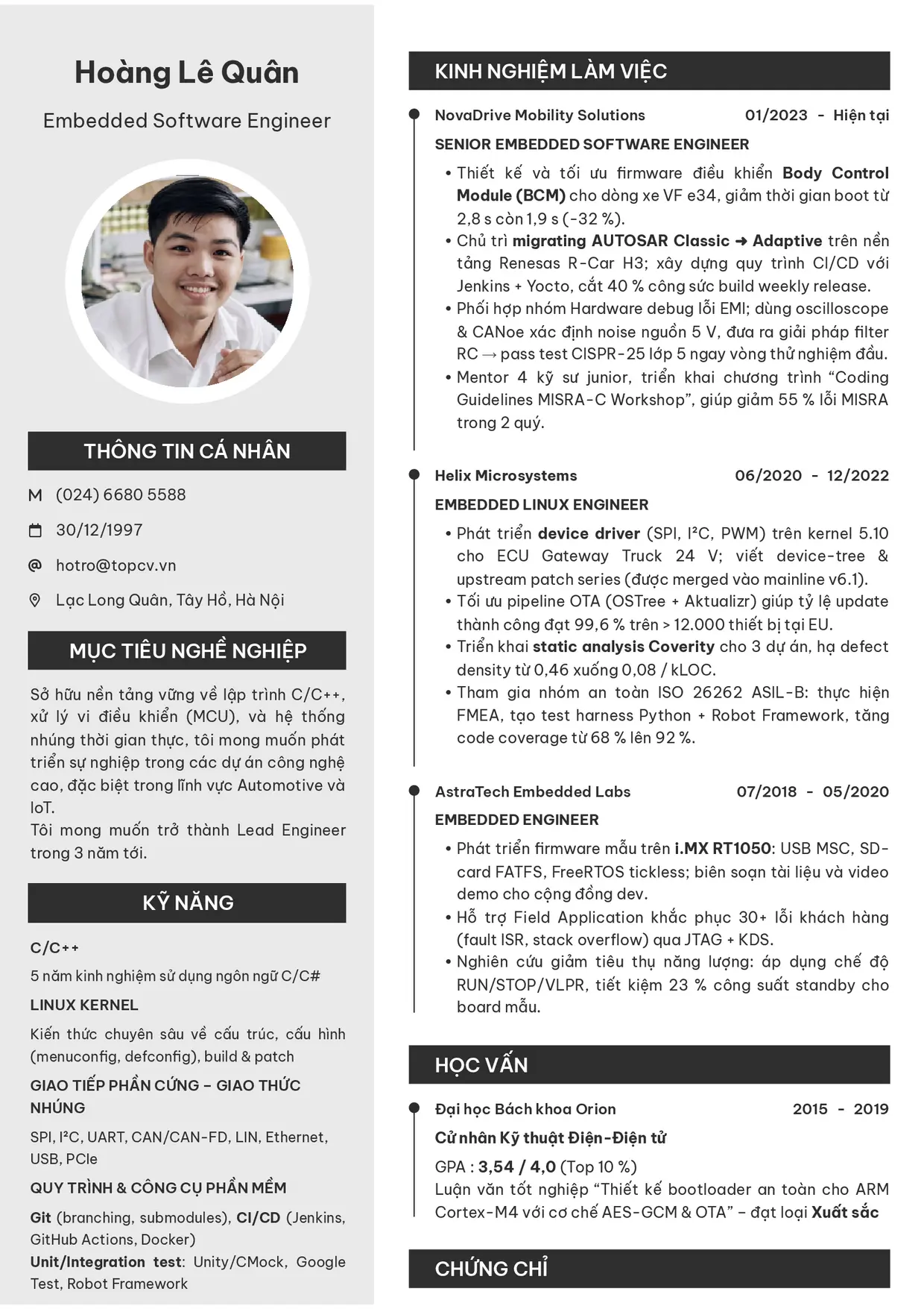 Mẫu CV Embedded Engineer style Clarity