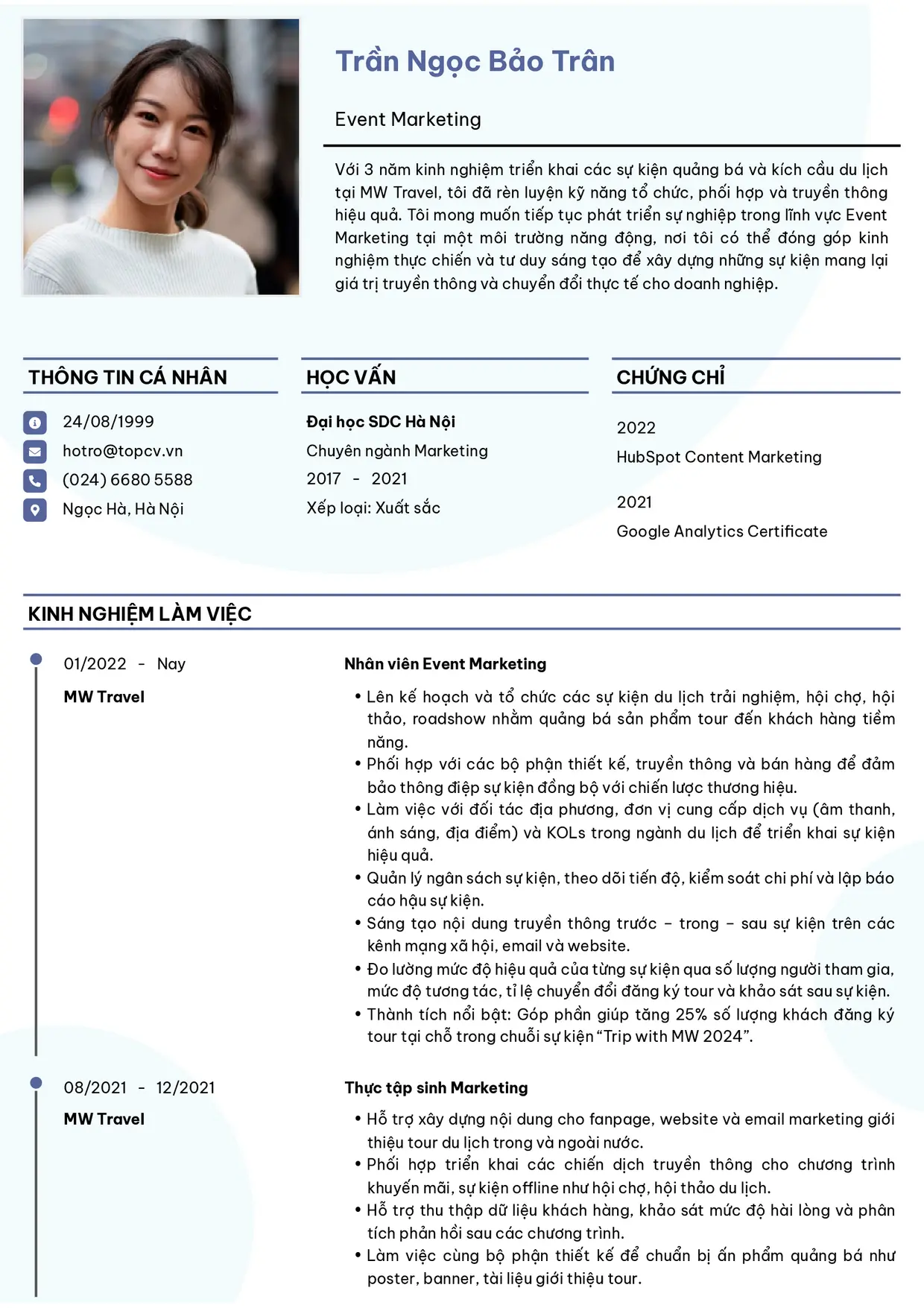 Mẫu CV xin việc Event Marketing style Thanh lịch