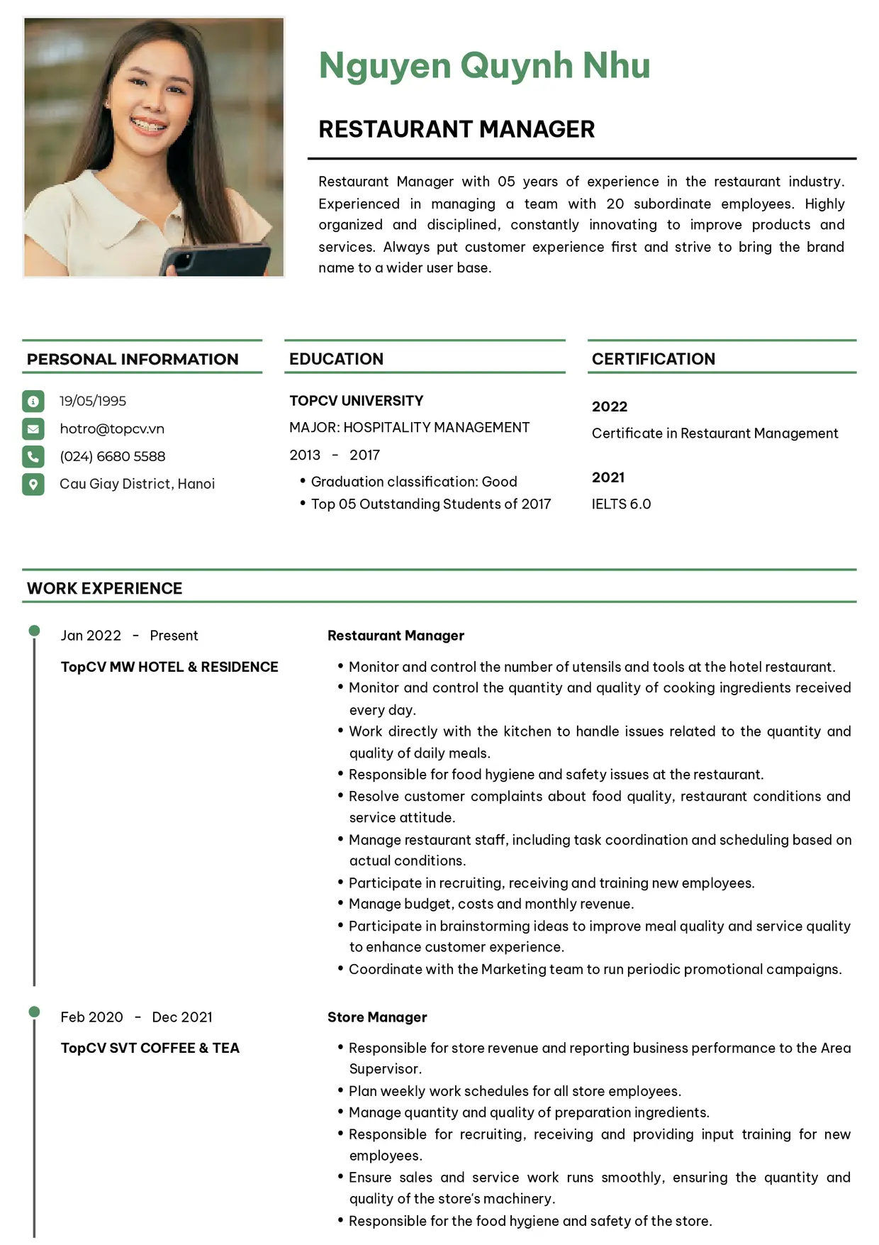 Mẫu CV xin việc F&B style Thanh lịch