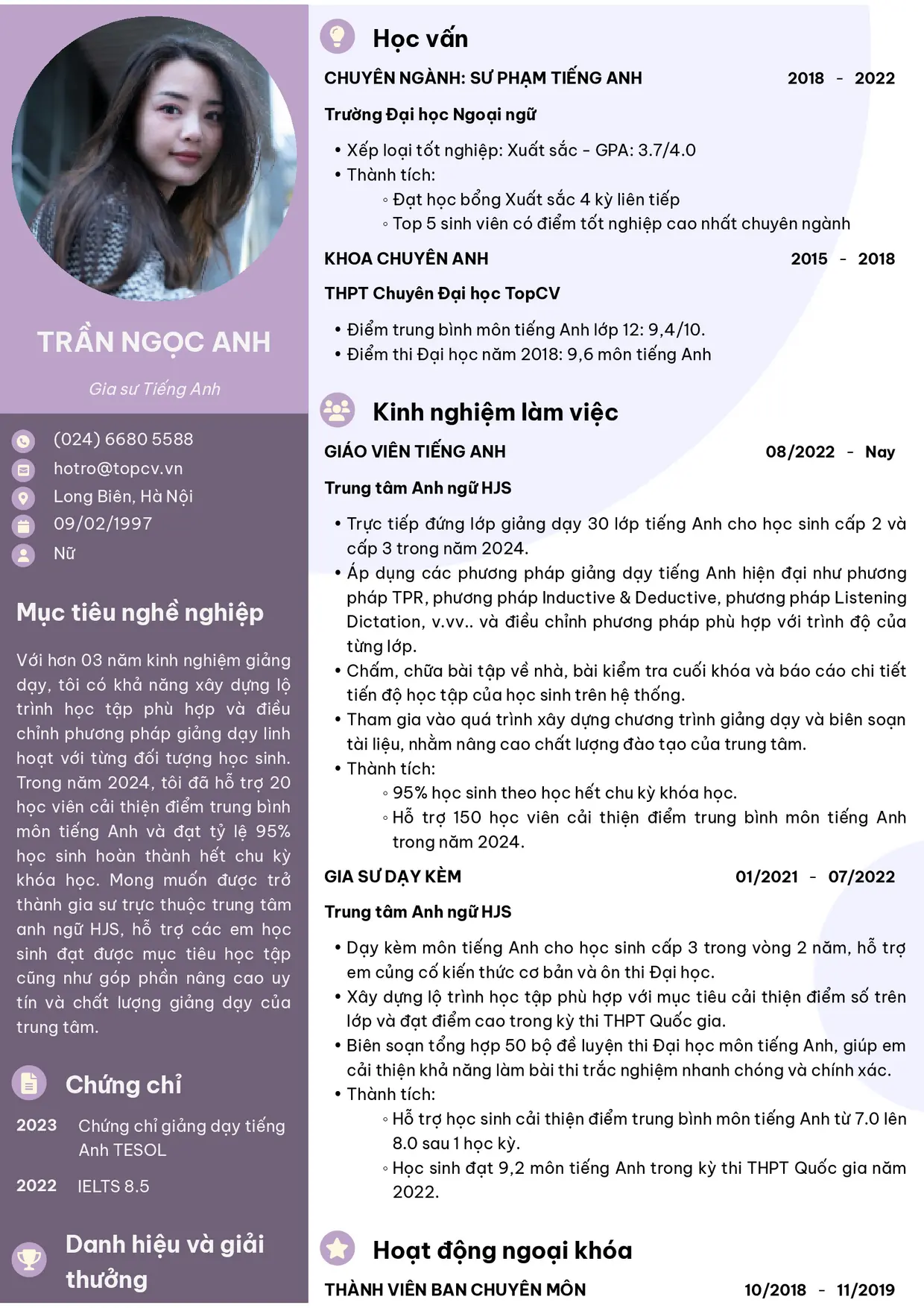 Mẫu CV Gia sư style Ấn tượng 2