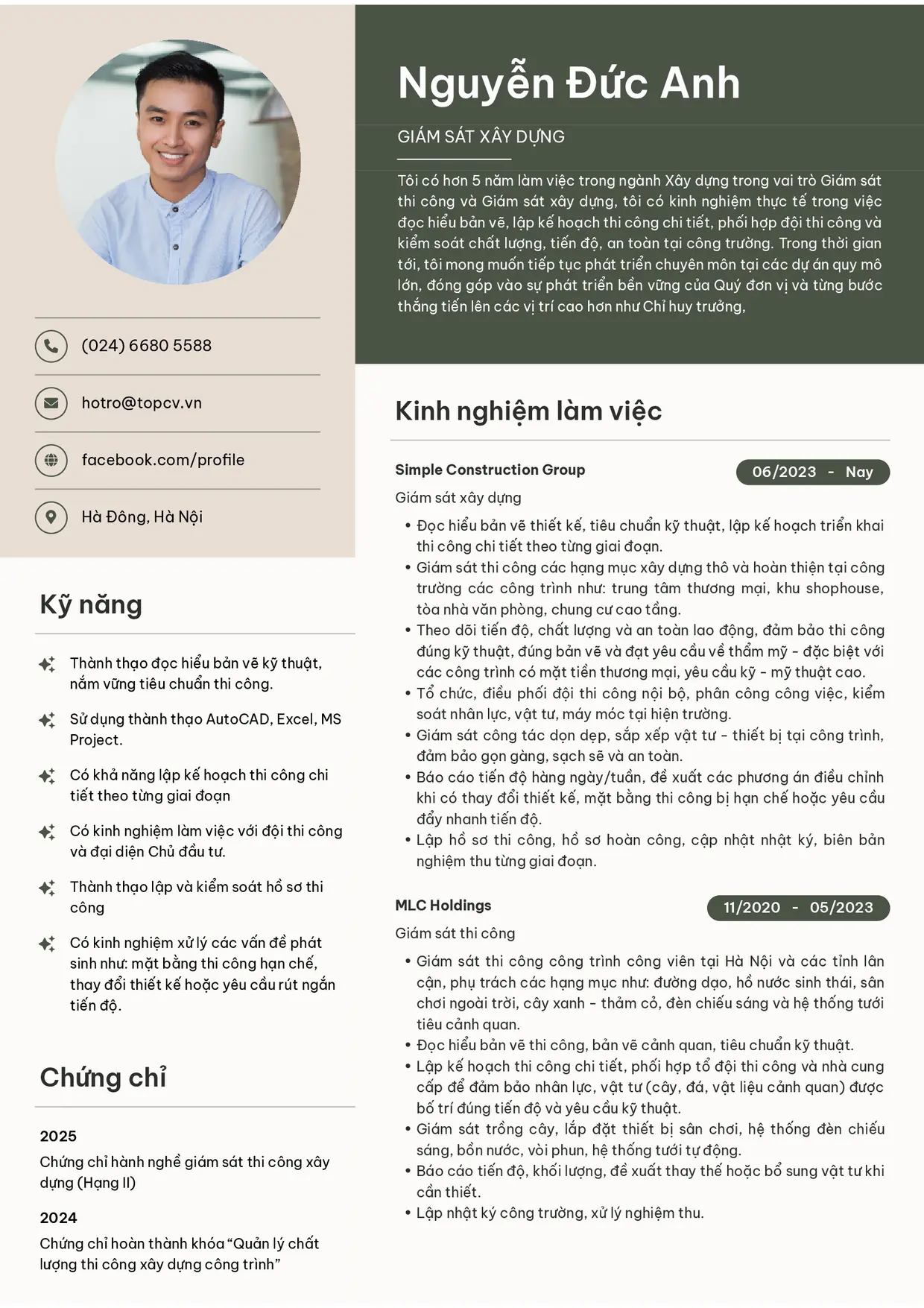 Mẫu CV Giám sát xây dựng style Bright