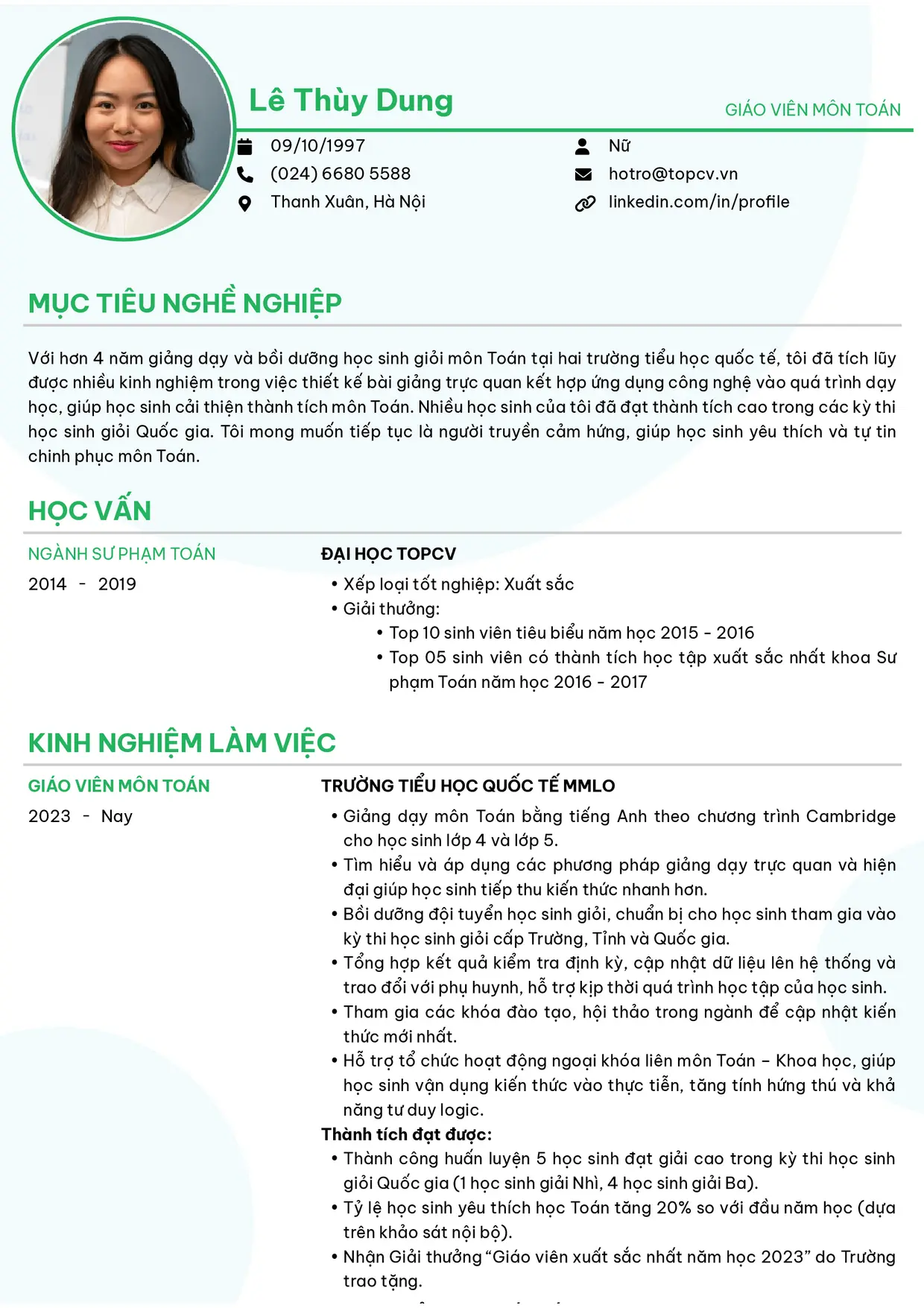 Mẫu CV xin việc Giáo viên style Hiện Đại 1