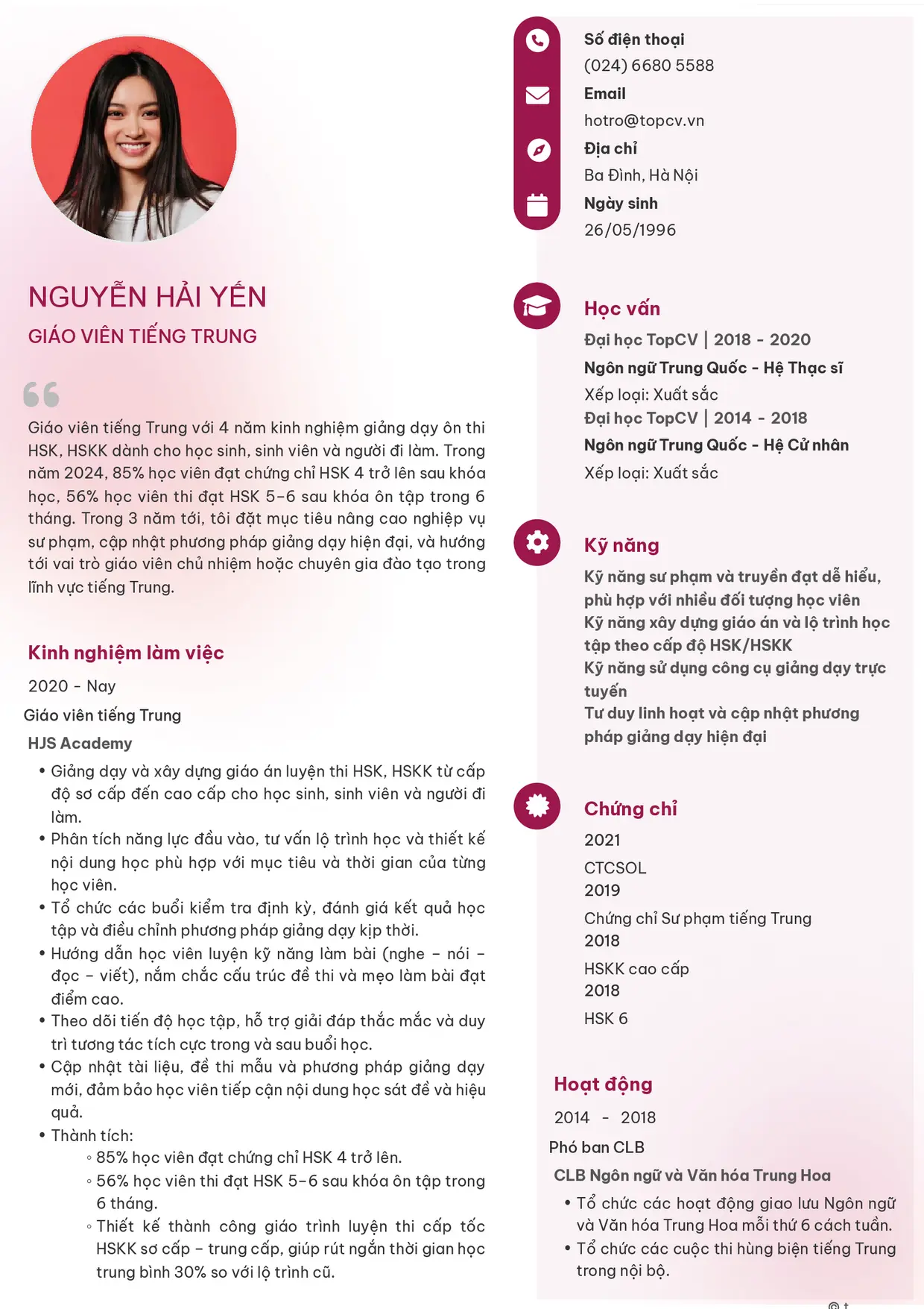 Mẫu CV Giáo viên tiếng Trung style Basic 4