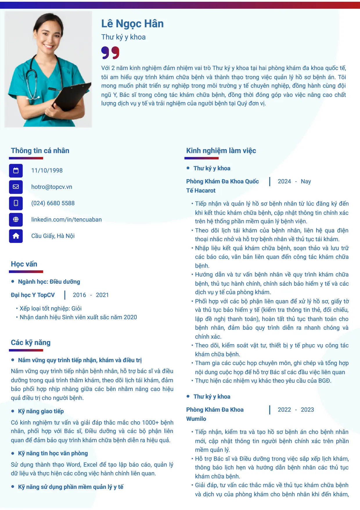 Mẫu CV xin việc Thư ký y khoa