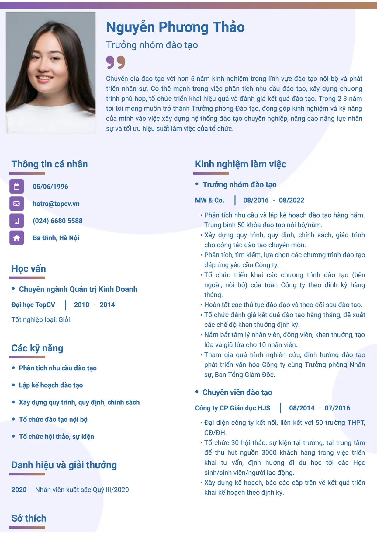 Mẫu CV xin việc Trưởng nhóm đào tạo