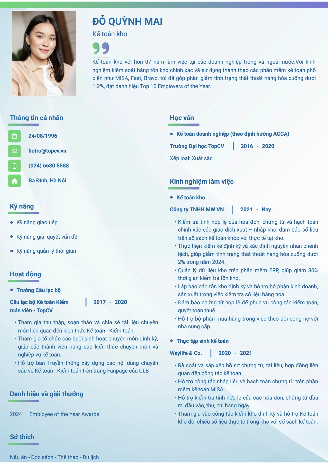 Mẫu CV xin việc Kế toán kho