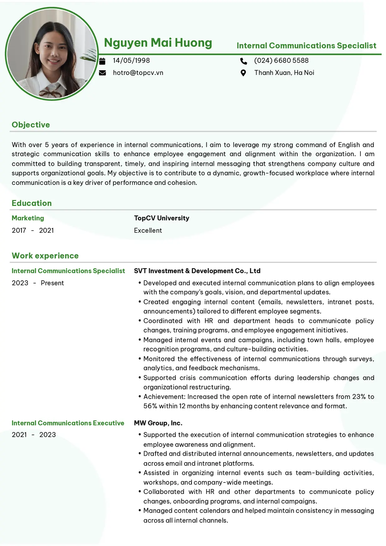 Mẫu CV xin việc Truyền thông nội bộ