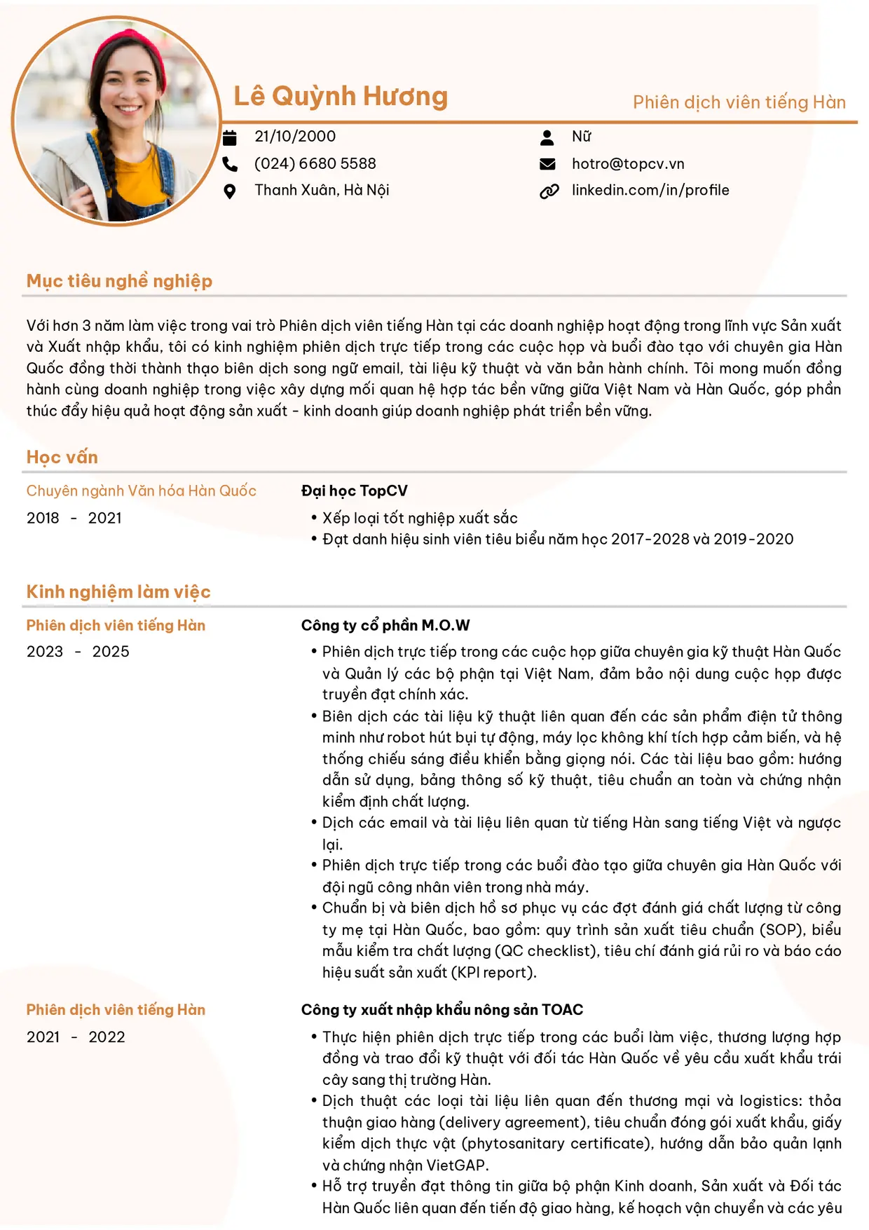 Mẫu CV xin việc Phiên dịch tiếng Hàn
