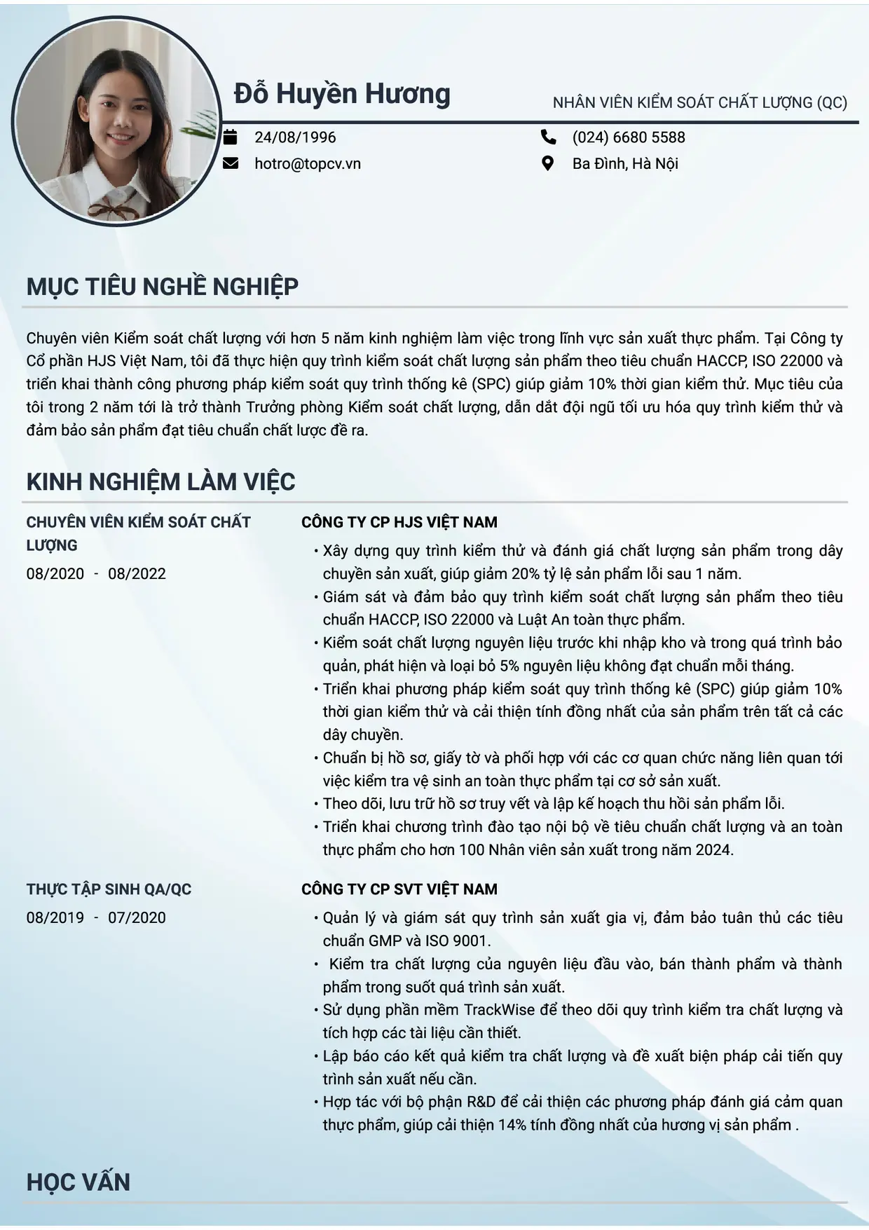 Mẫu CV xin việc Nhân viên kiểm soát chất lượng