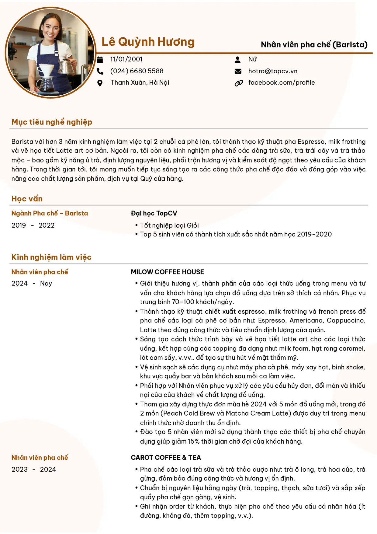Mẫu CV xin việc Nhân viên pha chế/Barista