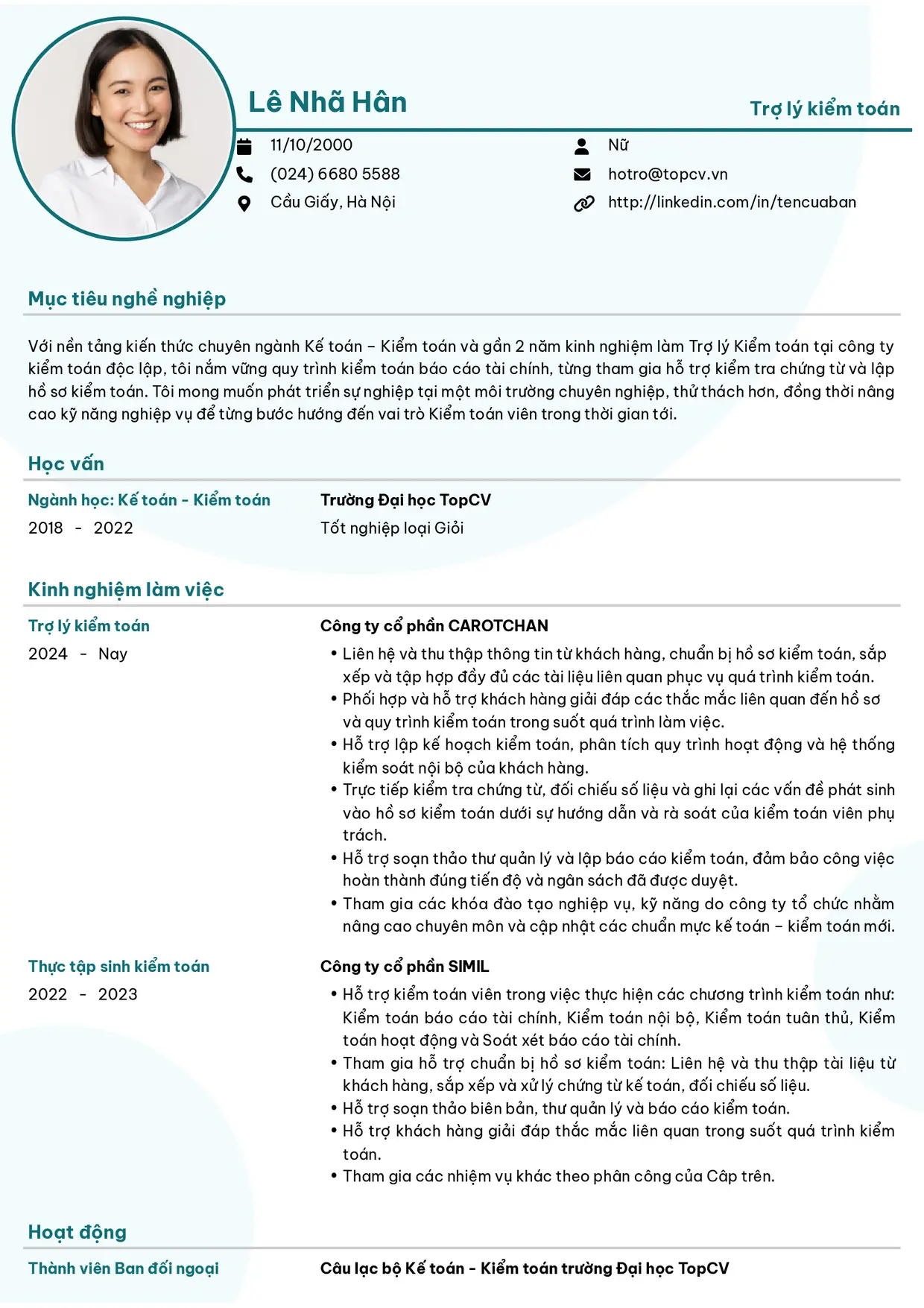Mẫu CV xin việc Trợ lý kiểm toán