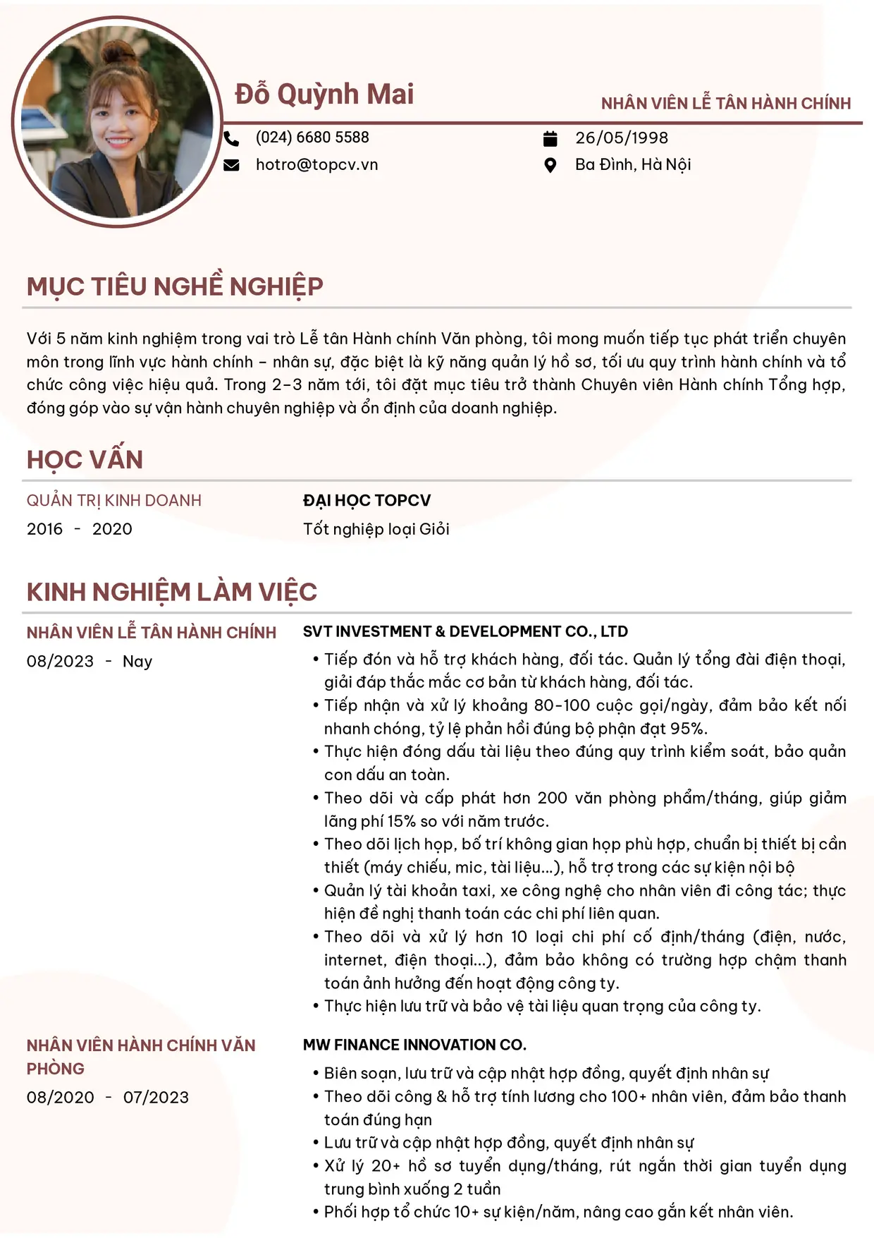 Mẫu CV xin việc Nhân viên lễ tân hành chính