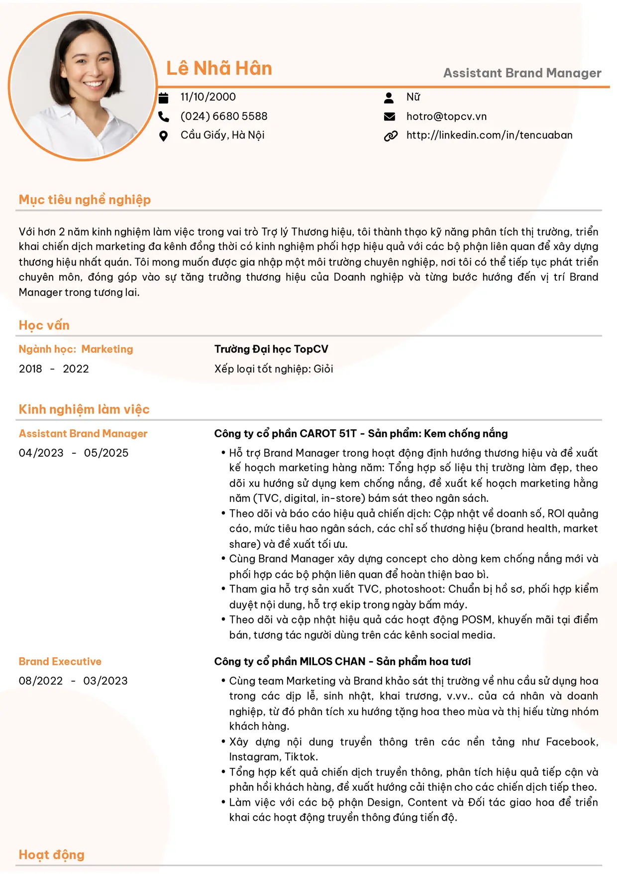 Mẫu CV xin việc Assistant Brand Manager
