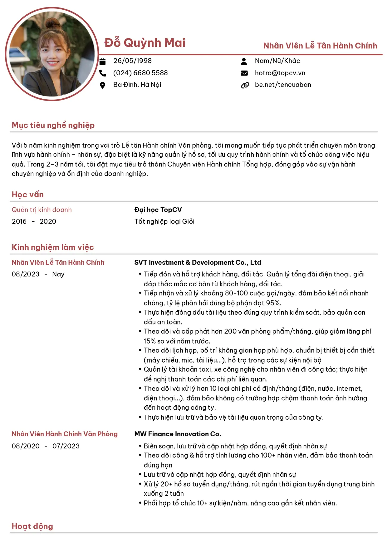 Mẫu CV xin việc tiếng Việt - Hiện Đại 1