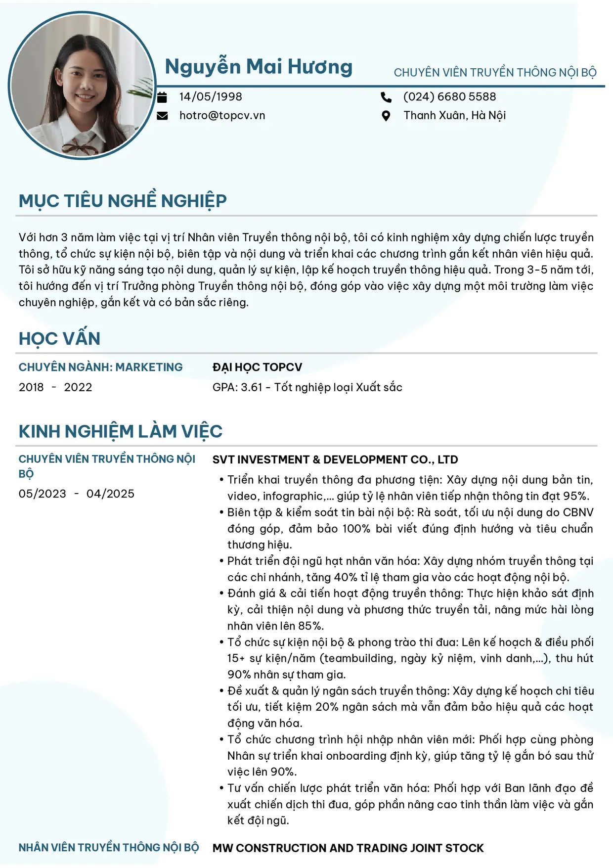 Mẫu CV xin việc Truyền thông nội bộ