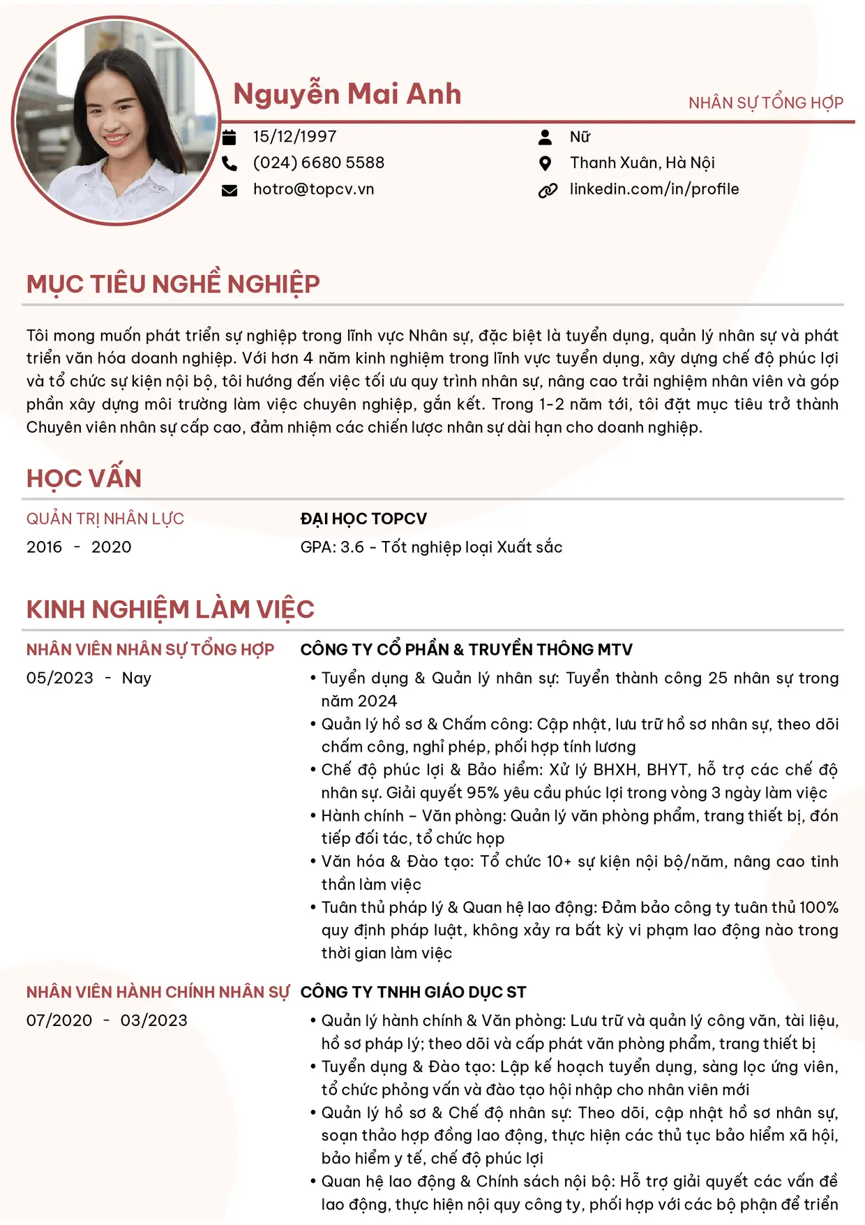 Mẫu CV xin việc Nhân sự tổng hợp