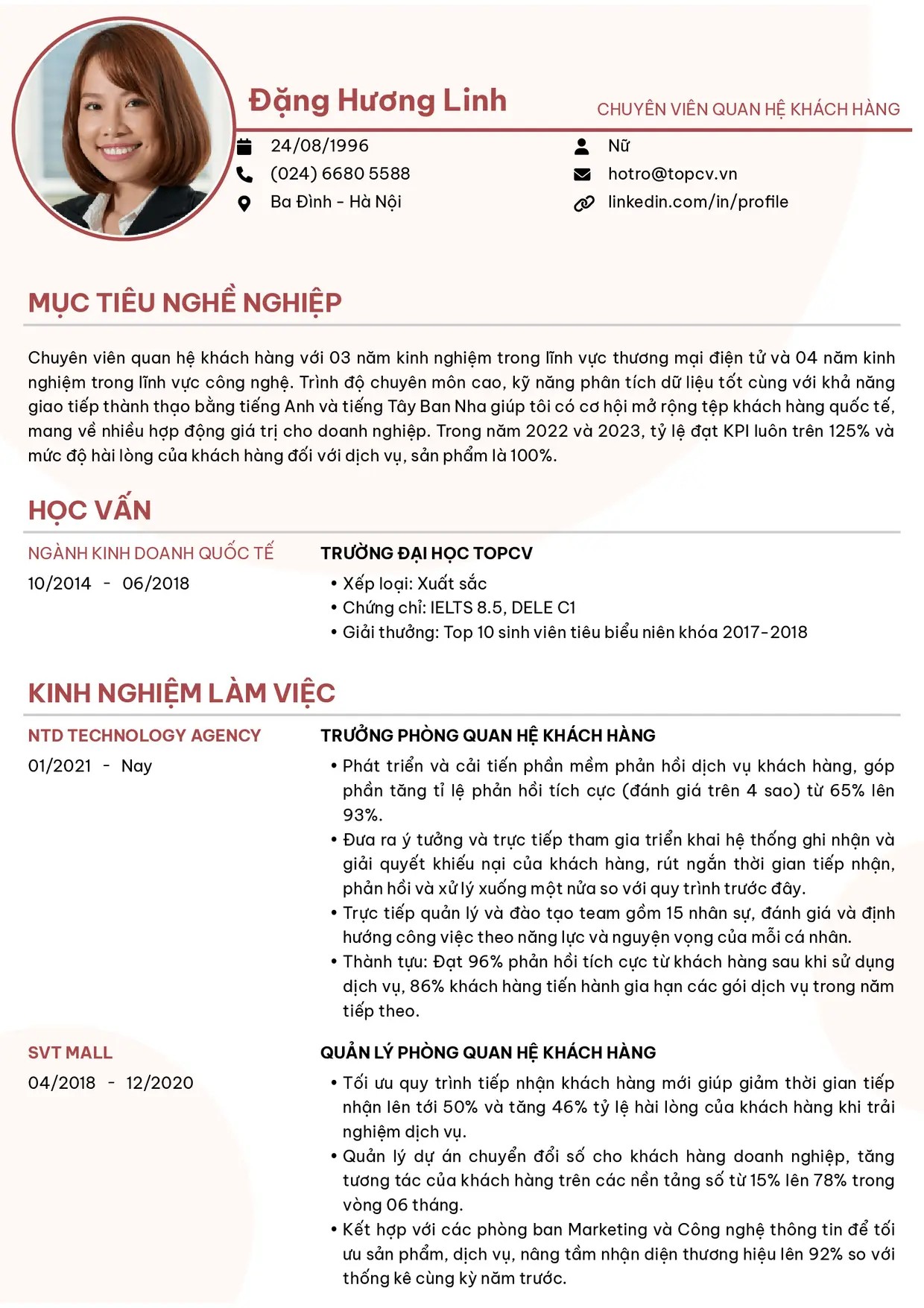 Mẫu CV xin việc Chuyên viên quan hệ khách hàng
