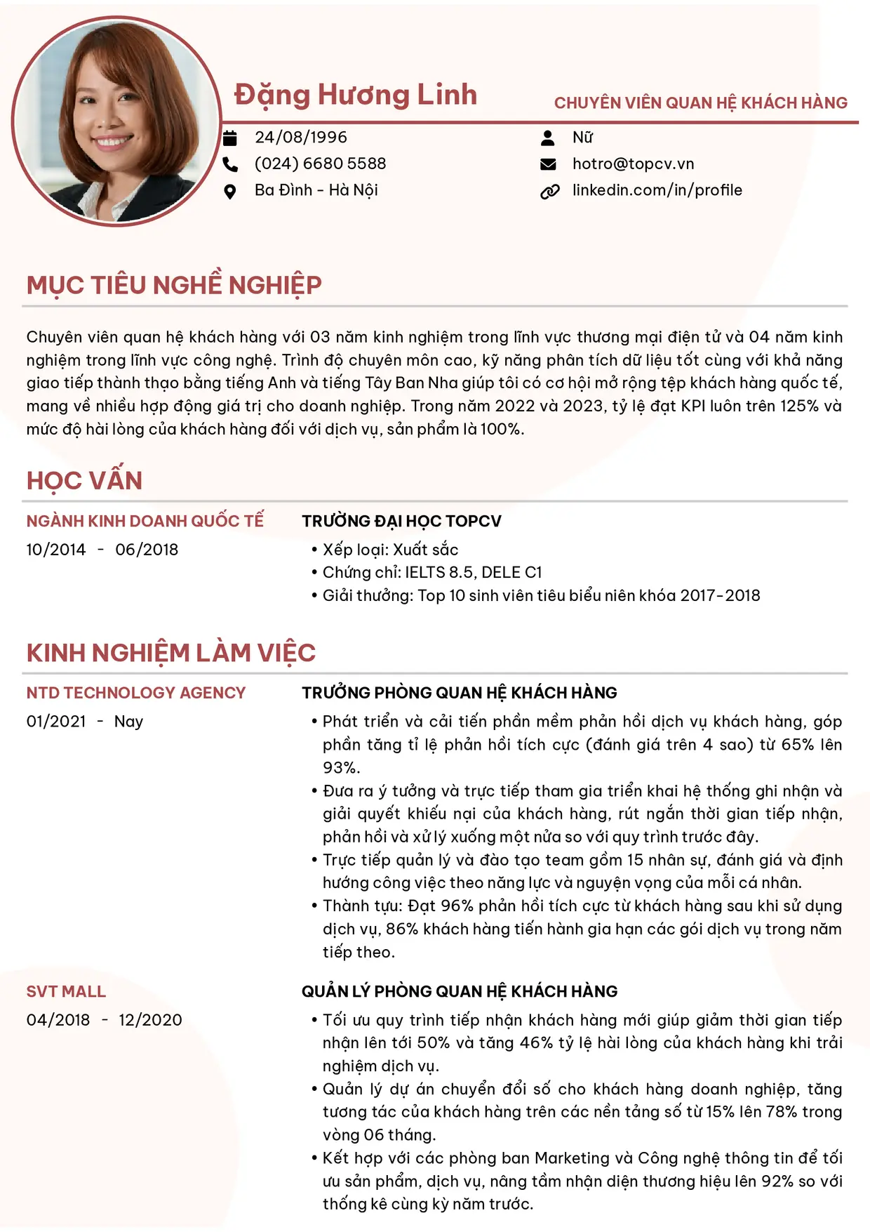 Mẫu CV xin việc Chuyên viên quan hệ khách hàng