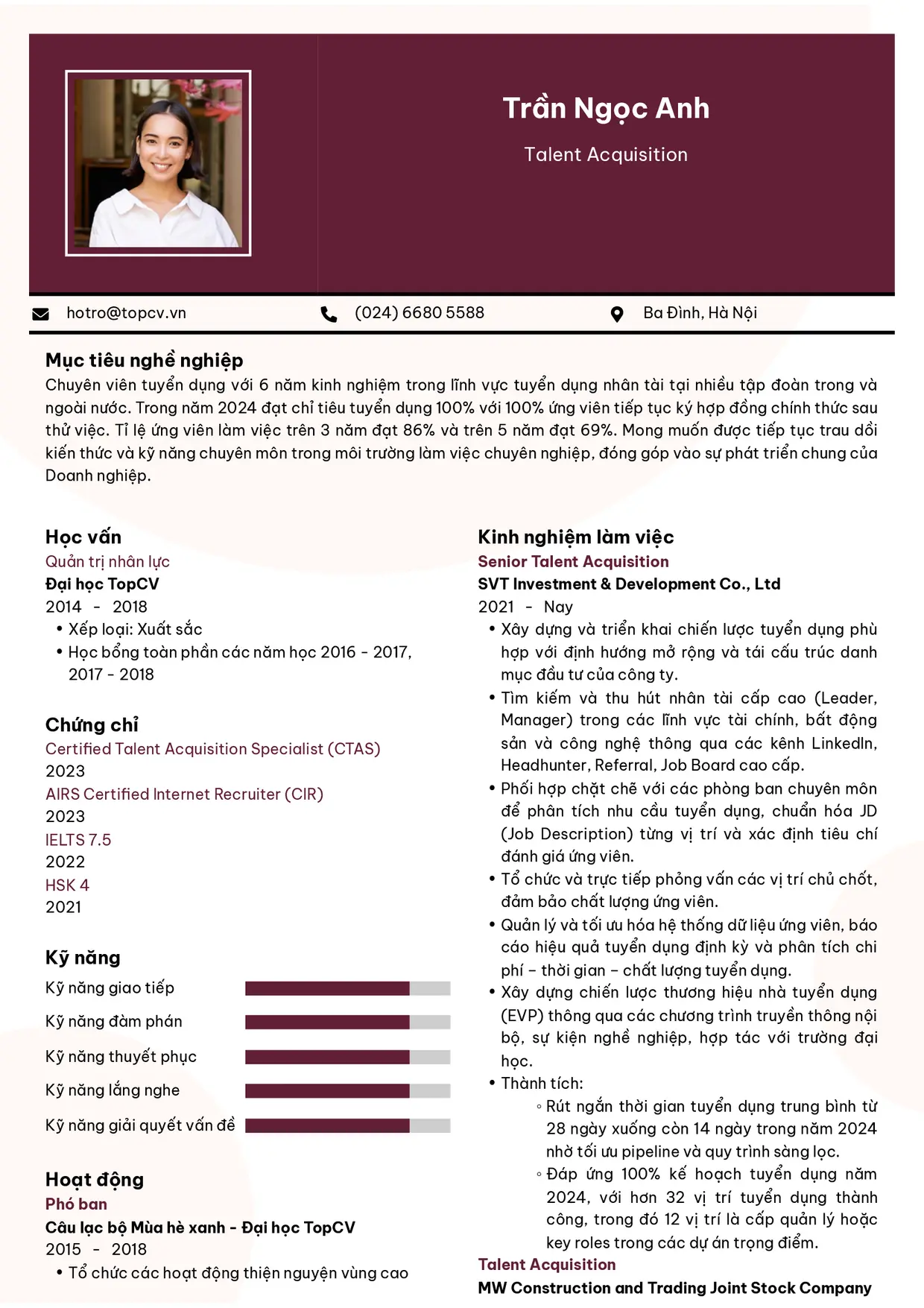 Mẫu CV xin việc Talent Acquisition
